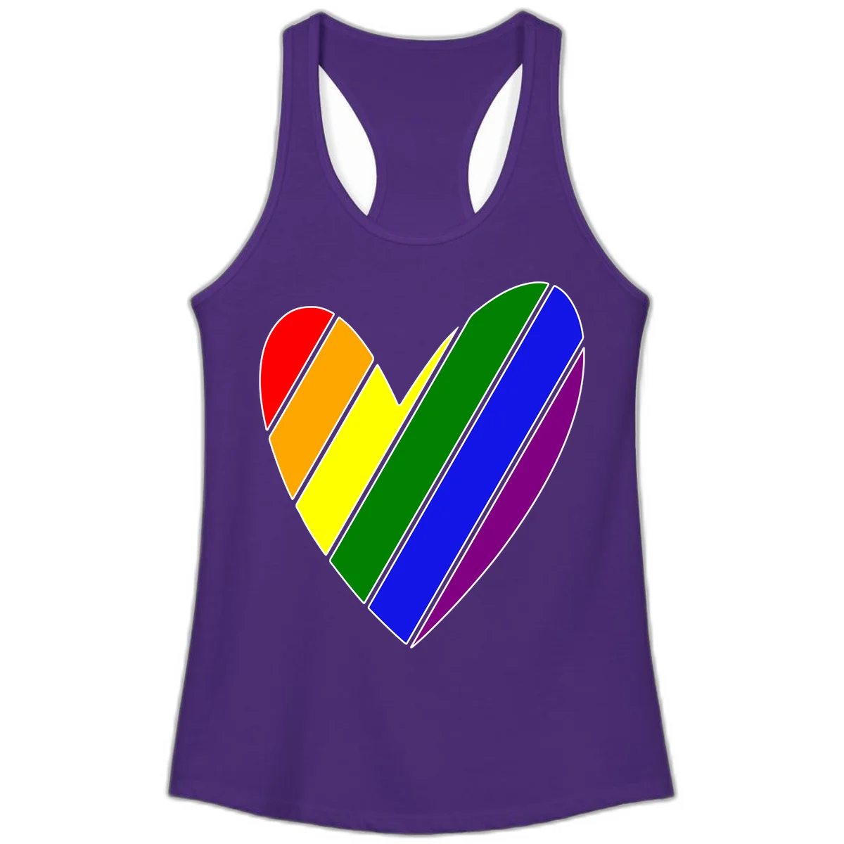 Rainbow pride heart made of diagonal chevron stripes in red, orange, yellow, green, blue, and purple colors with white outlines in Solid Purple Rush