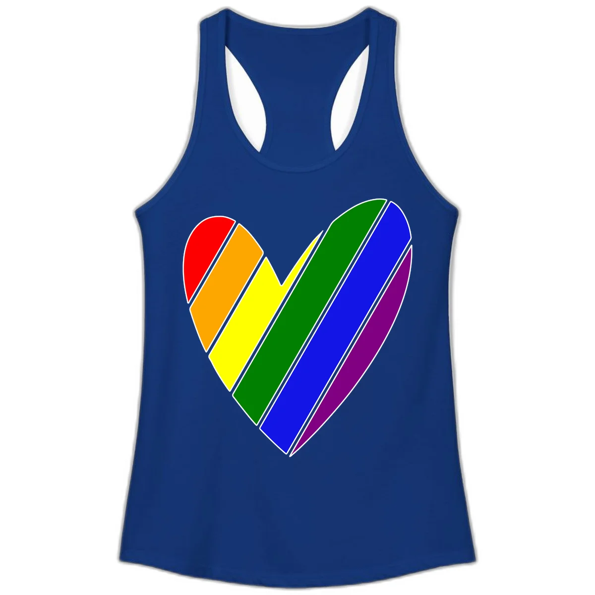 Rainbow pride heart made of diagonal chevron stripes in red, orange, yellow, green, blue, and purple colors with white outlines in Solid Royal