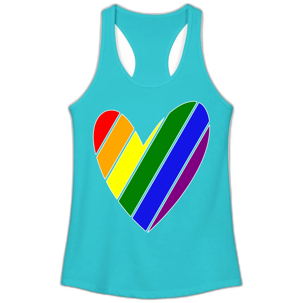 Rainbow pride heart made of diagonal chevron stripes in red, orange, yellow, green, blue, and purple colors with white outlines in Solid Tahiti Blue