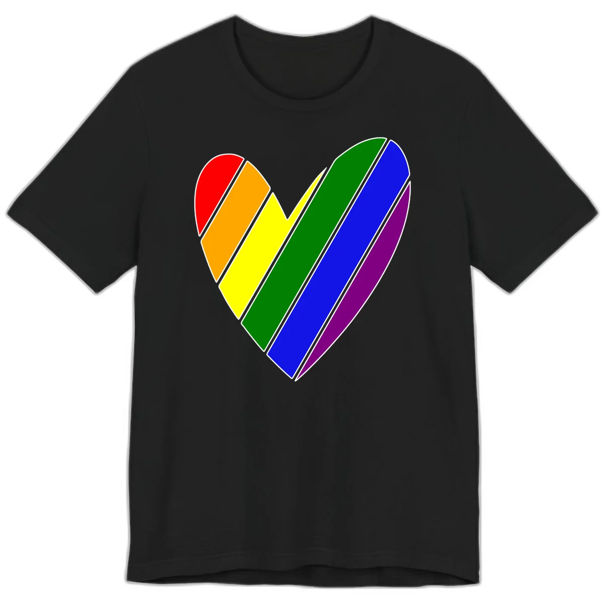 Rainbow pride heart made of diagonal chevron stripes in red, orange, yellow, green, blue, and purple colors with white outlines in Black
