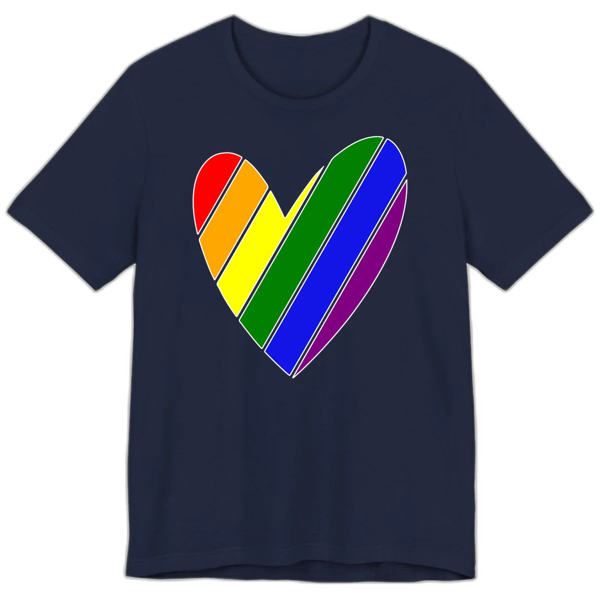 Rainbow pride heart made of diagonal chevron stripes in red, orange, yellow, green, blue, and purple colors with white outlines in Navy