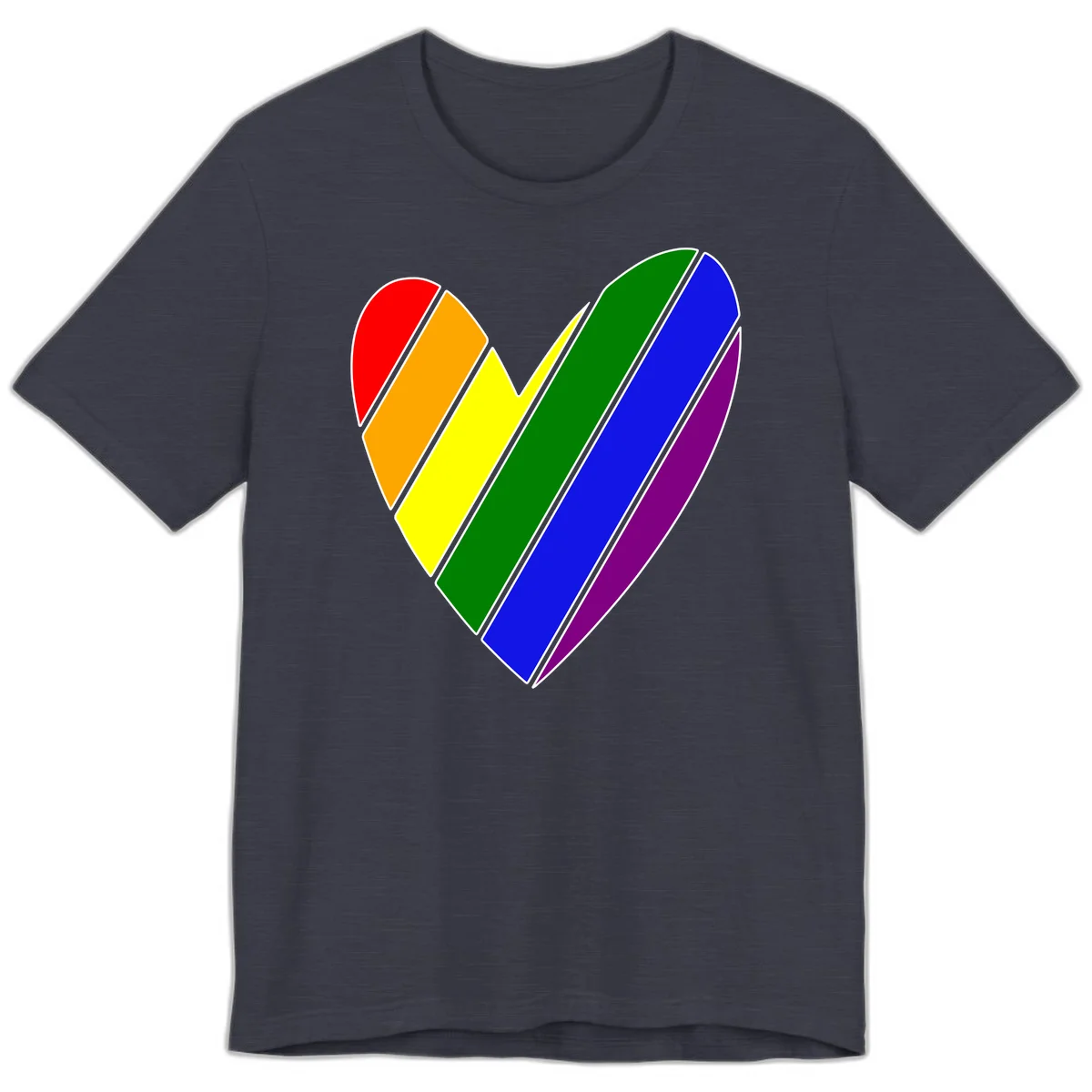 Rainbow pride heart made of diagonal chevron stripes in red, orange, yellow, green, blue, and purple colors with white outlines in Heather Midnight Navy
