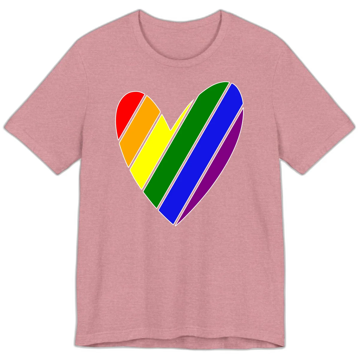 Rainbow pride heart made of diagonal chevron stripes in red, orange, yellow, green, blue, and purple colors with white outlines in Heather Orchid