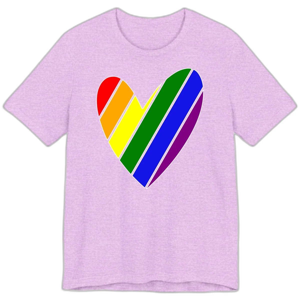Rainbow pride heart made of diagonal chevron stripes in red, orange, yellow, green, blue, and purple colors with white outlines in Heather Prism Lilac
