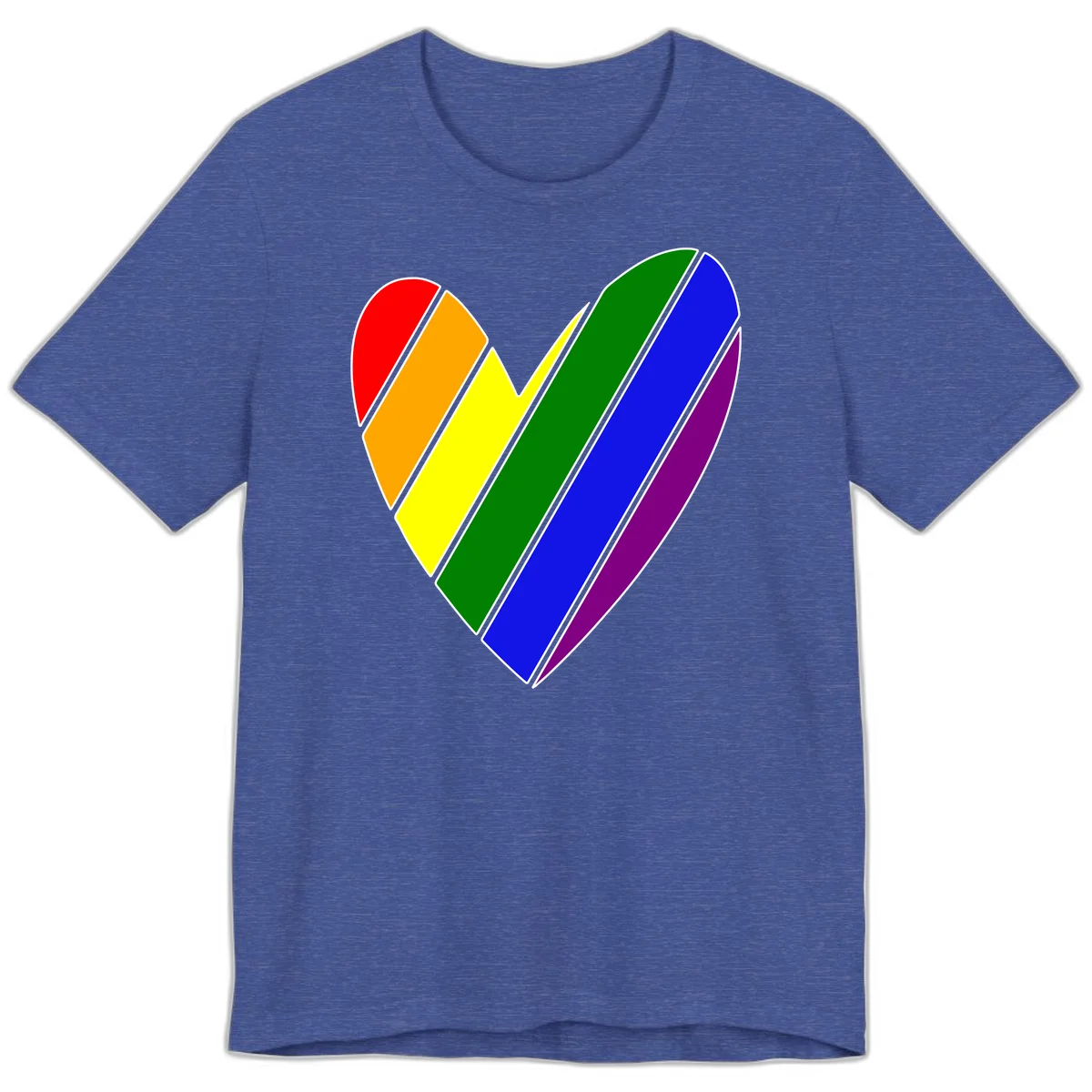 Rainbow pride heart made of diagonal chevron stripes in red, orange, yellow, green, blue, and purple colors with white outlines in Heather True Royal