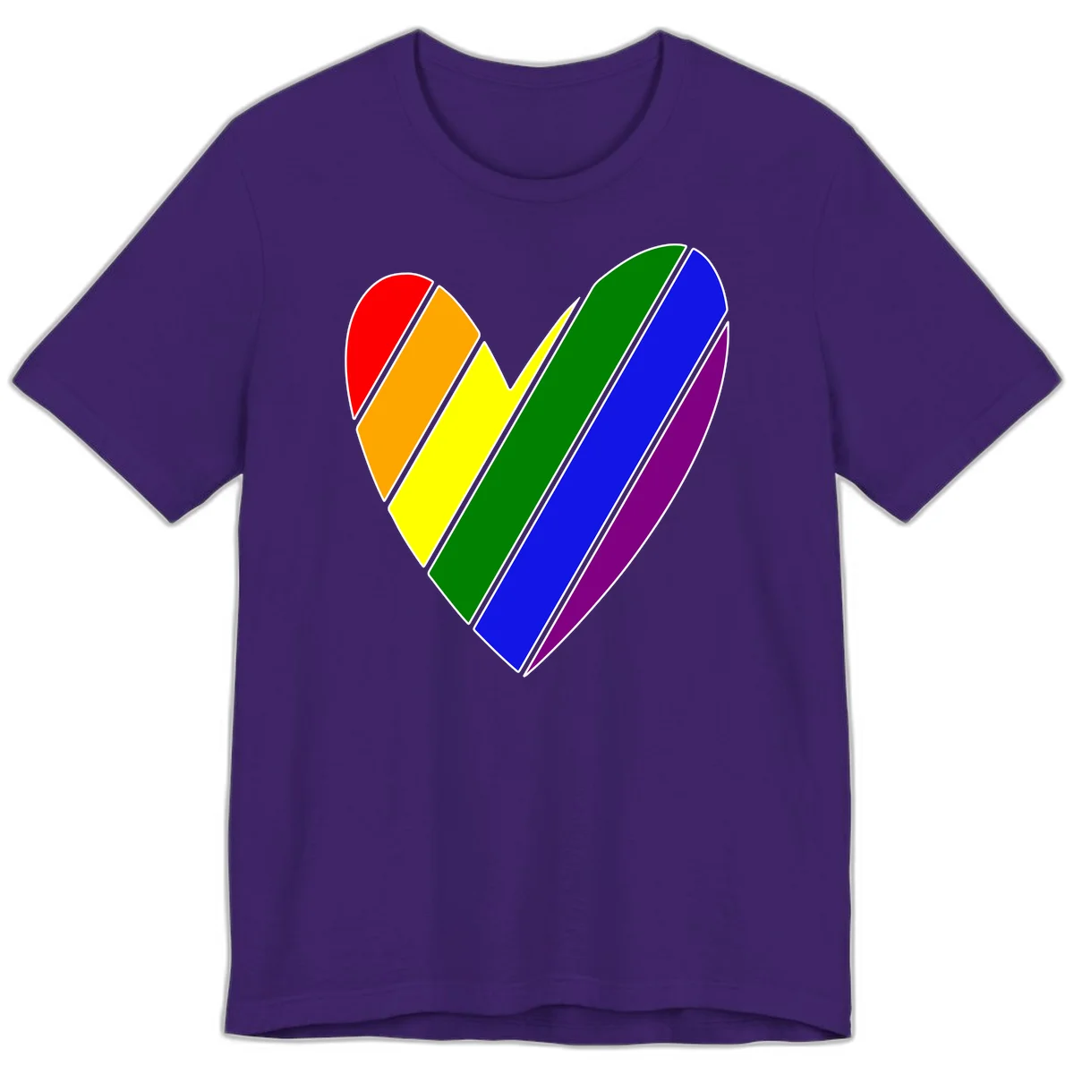 Rainbow pride heart made of diagonal chevron stripes in red, orange, yellow, green, blue, and purple colors with white outlines in Team Purple