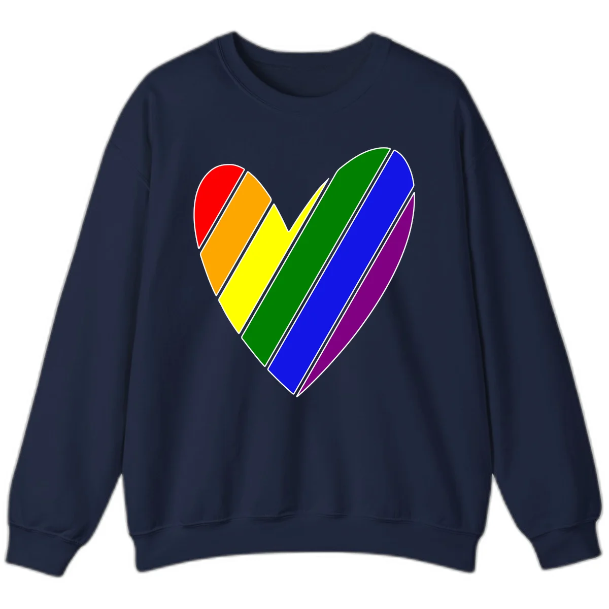 Rainbow pride heart made of diagonal chevron stripes in red, orange, yellow, green, blue, and purple colors with white outlines in Navy