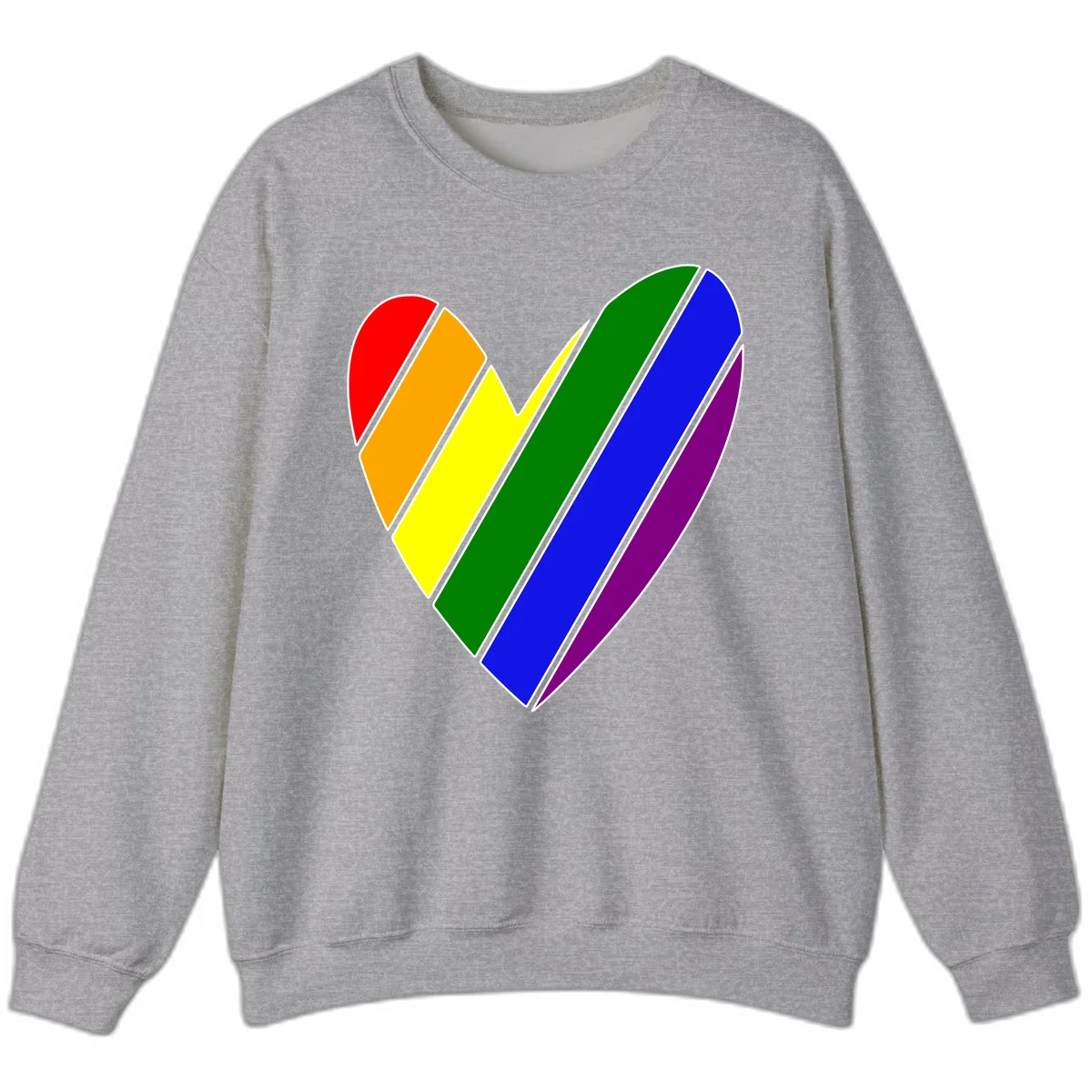 Rainbow pride heart made of diagonal chevron stripes in red, orange, yellow, green, blue, and purple colors with white outlines in Sport Grey