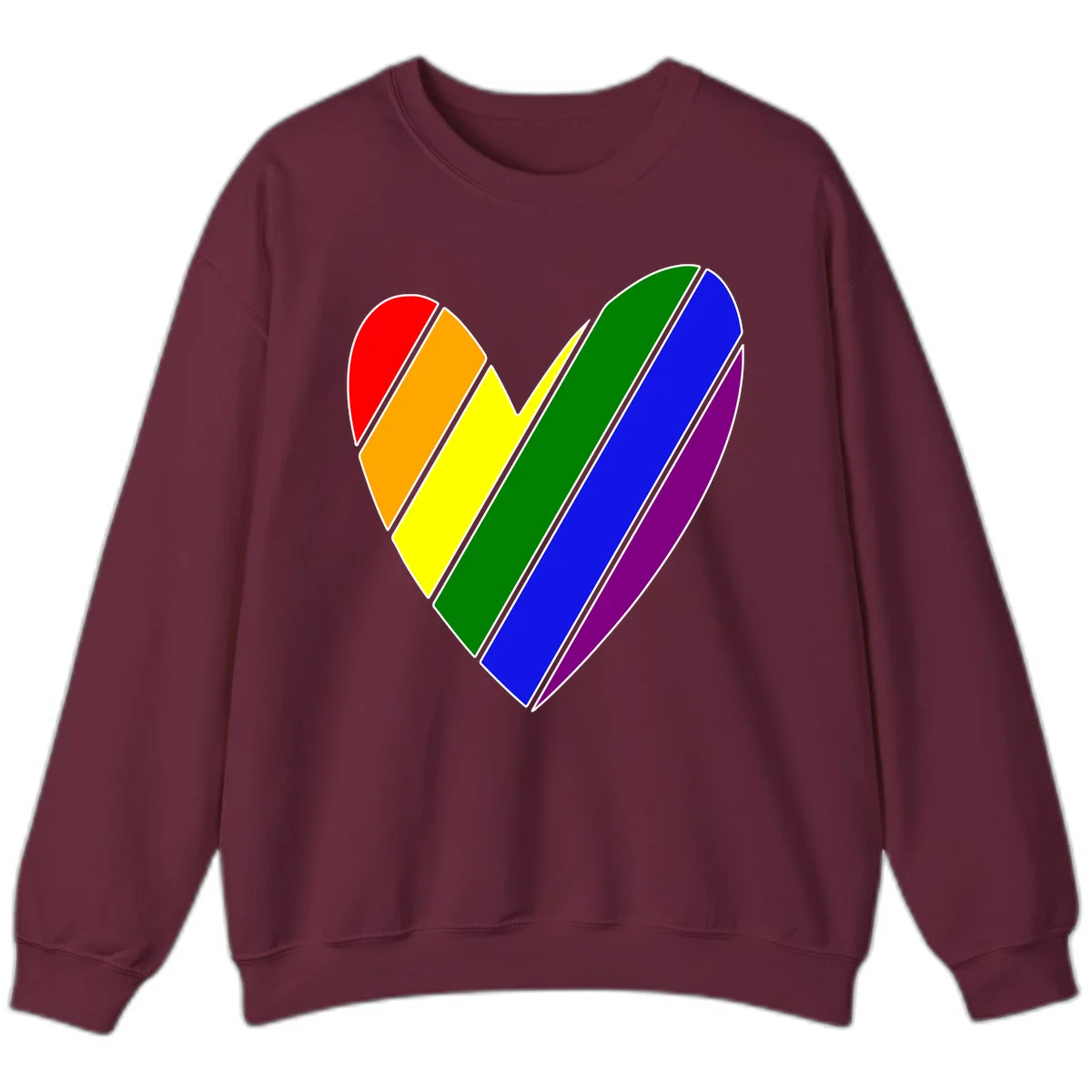 Rainbow pride heart made of diagonal chevron stripes in red, orange, yellow, green, blue, and purple colors with white outlines in Maroon