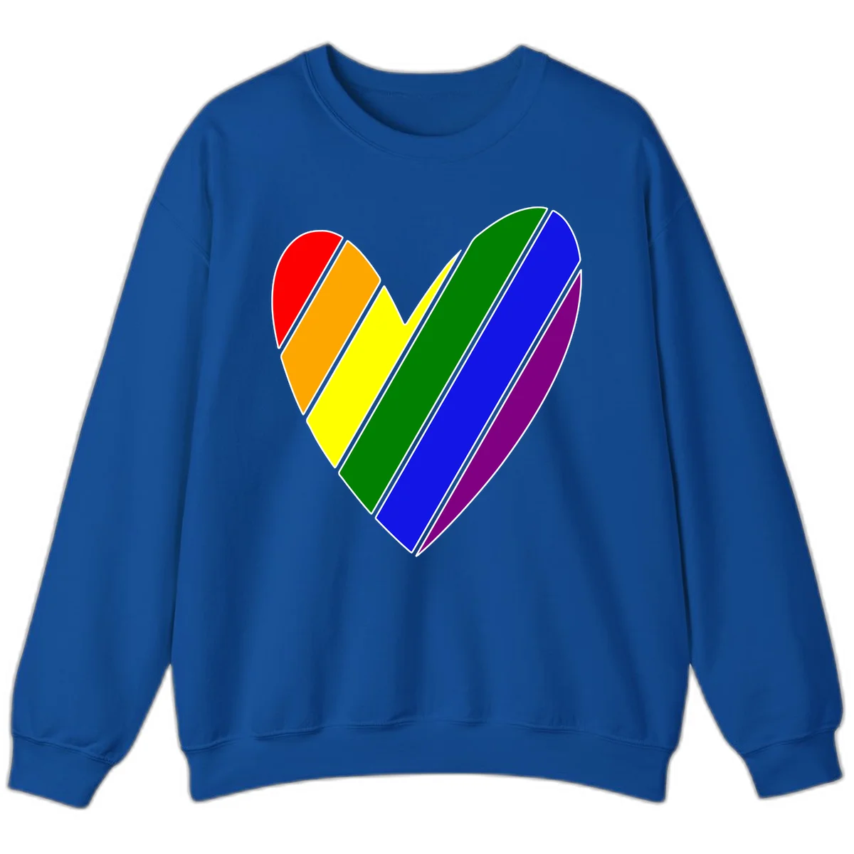 Rainbow pride heart made of diagonal chevron stripes in red, orange, yellow, green, blue, and purple colors with white outlines in Royal