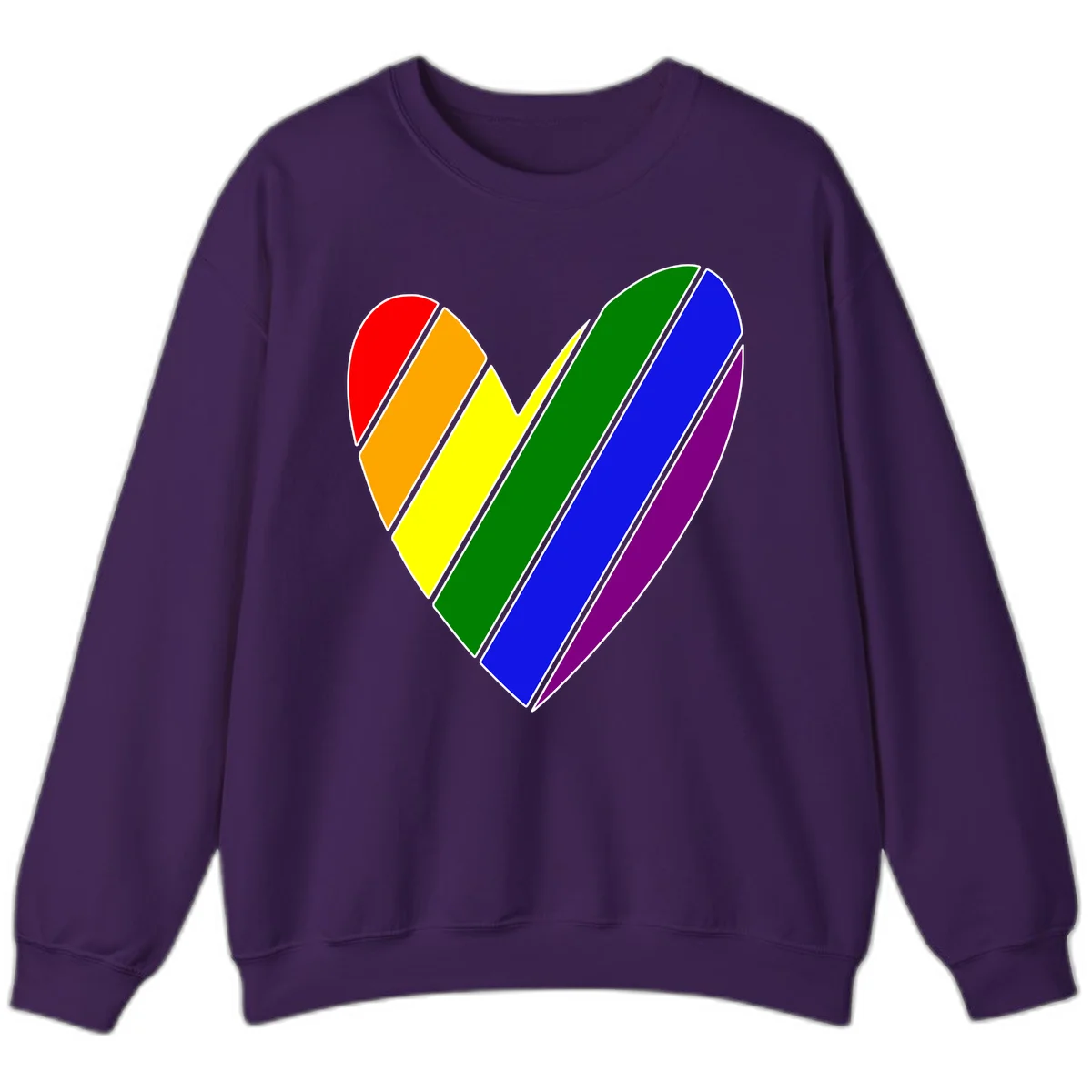 Rainbow pride heart made of diagonal chevron stripes in red, orange, yellow, green, blue, and purple colors with white outlines in Purple