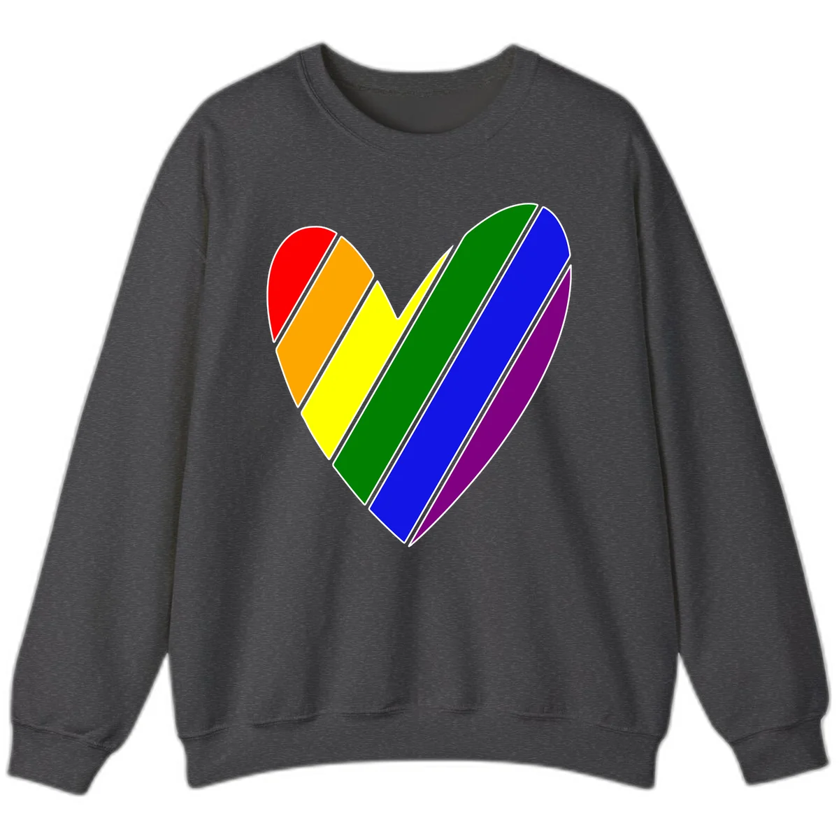 Rainbow pride heart made of diagonal chevron stripes in red, orange, yellow, green, blue, and purple colors with white outlines in Dark Heather