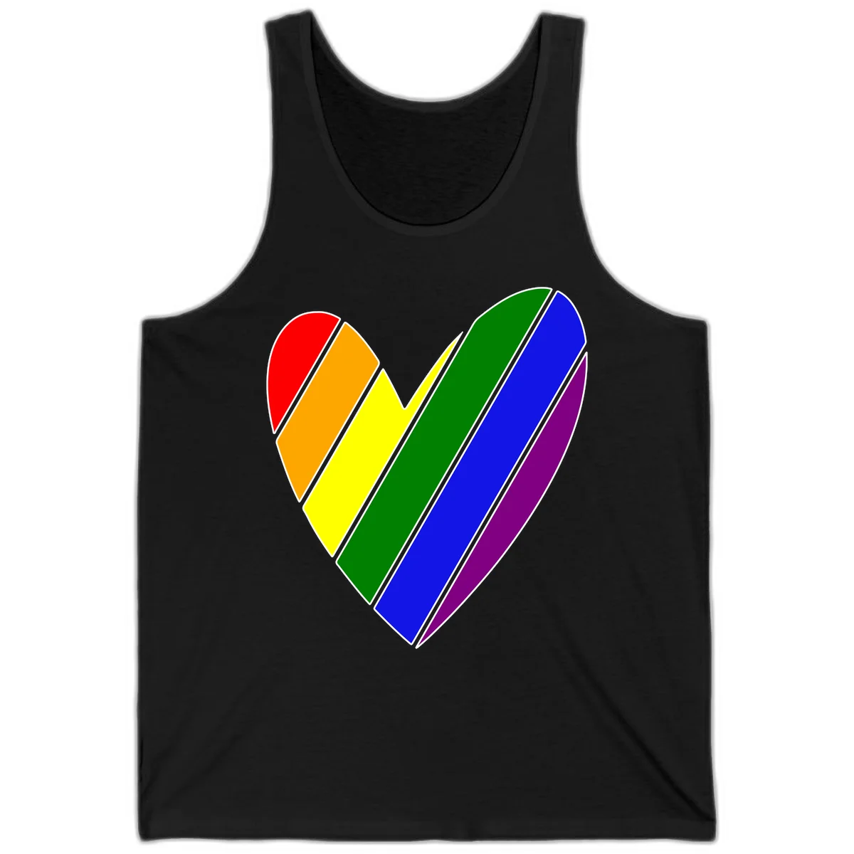 Rainbow pride heart made of diagonal chevron stripes in red, orange, yellow, green, blue, and purple colors with white outlines in Black