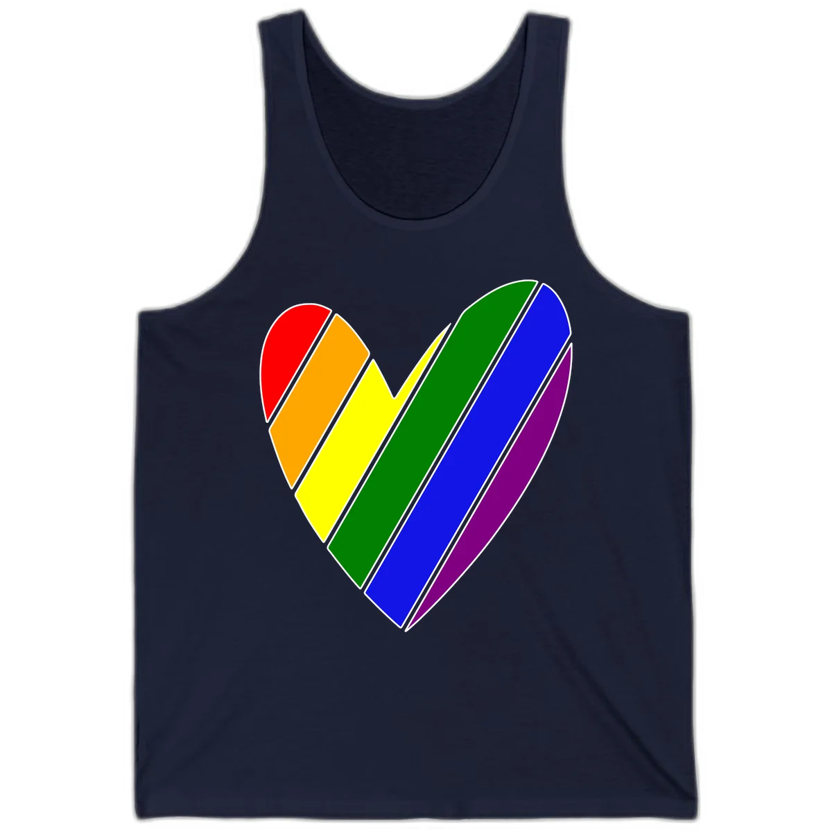 Rainbow pride heart made of diagonal chevron stripes in red, orange, yellow, green, blue, and purple colors with white outlines in Navy
