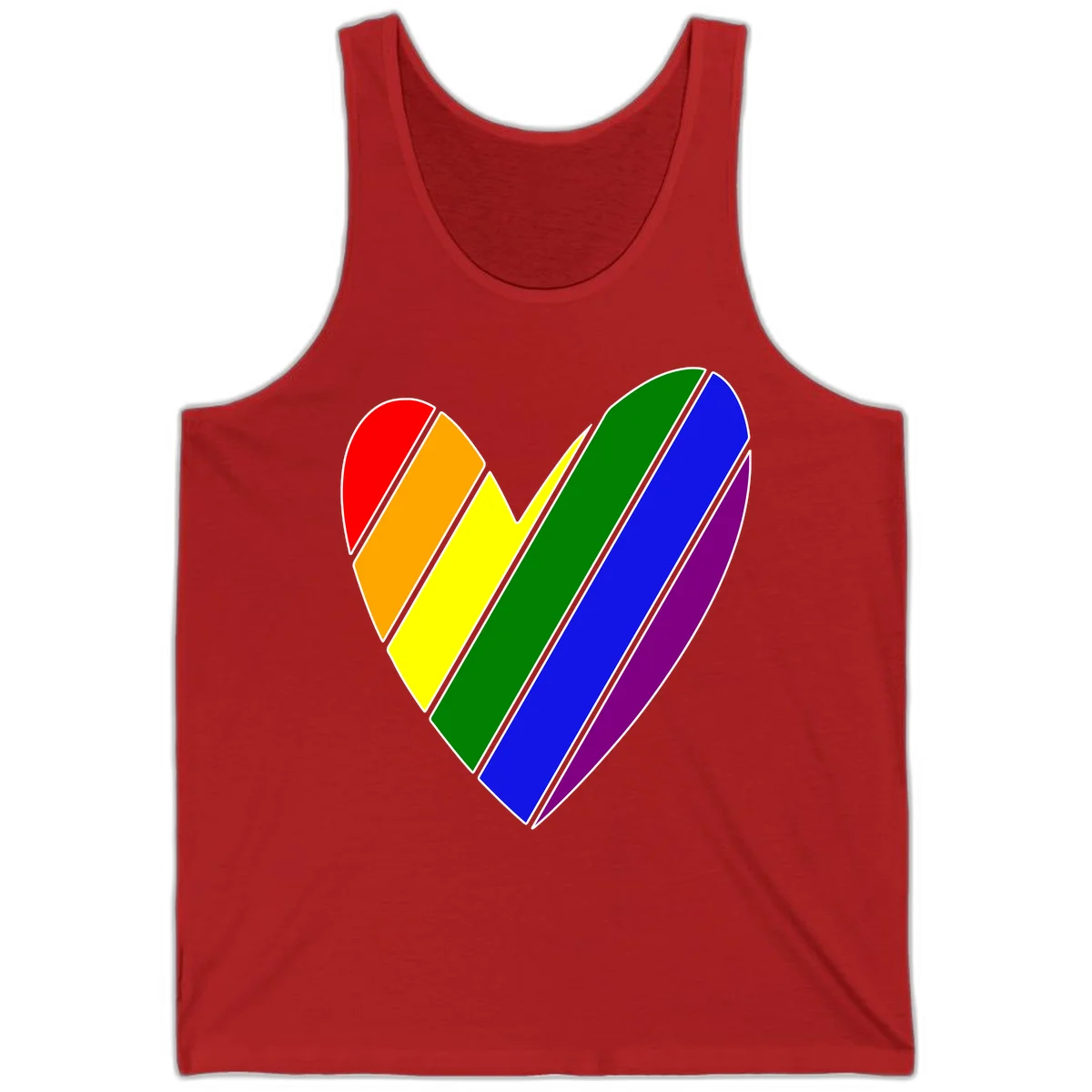 Rainbow pride heart made of diagonal chevron stripes in red, orange, yellow, green, blue, and purple colors with white outlines in Red