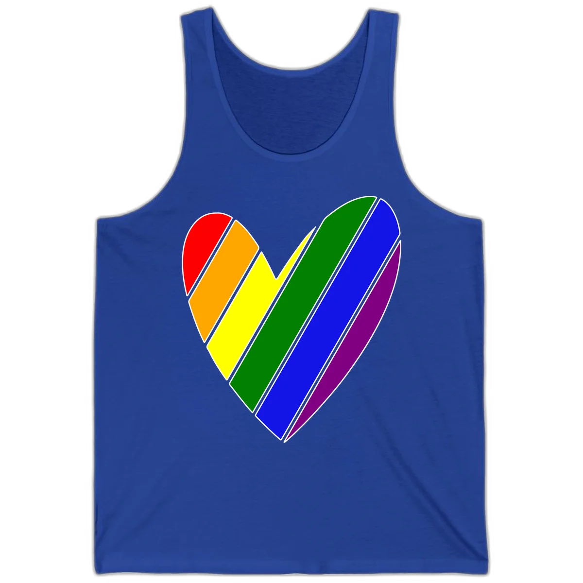 Rainbow pride heart made of diagonal chevron stripes in red, orange, yellow, green, blue, and purple colors with white outlines in True Royal