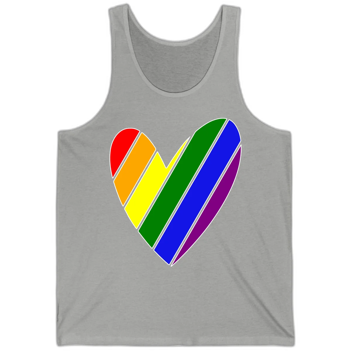 Rainbow pride heart made of diagonal chevron stripes in red, orange, yellow, green, blue, and purple colors with white outlines in Athletic Heather