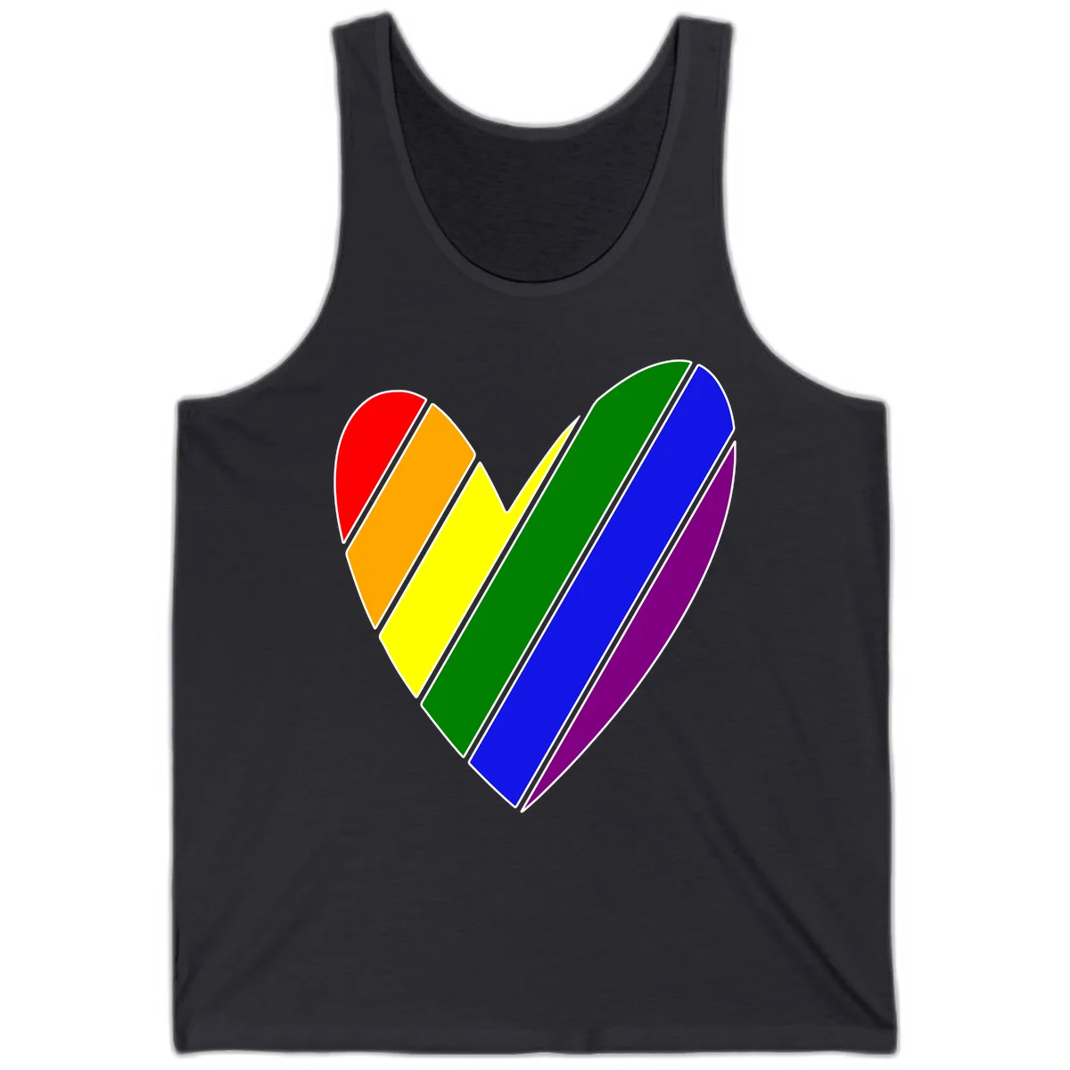 Rainbow pride heart made of diagonal chevron stripes in red, orange, yellow, green, blue, and purple colors with white outlines in Dark Grey