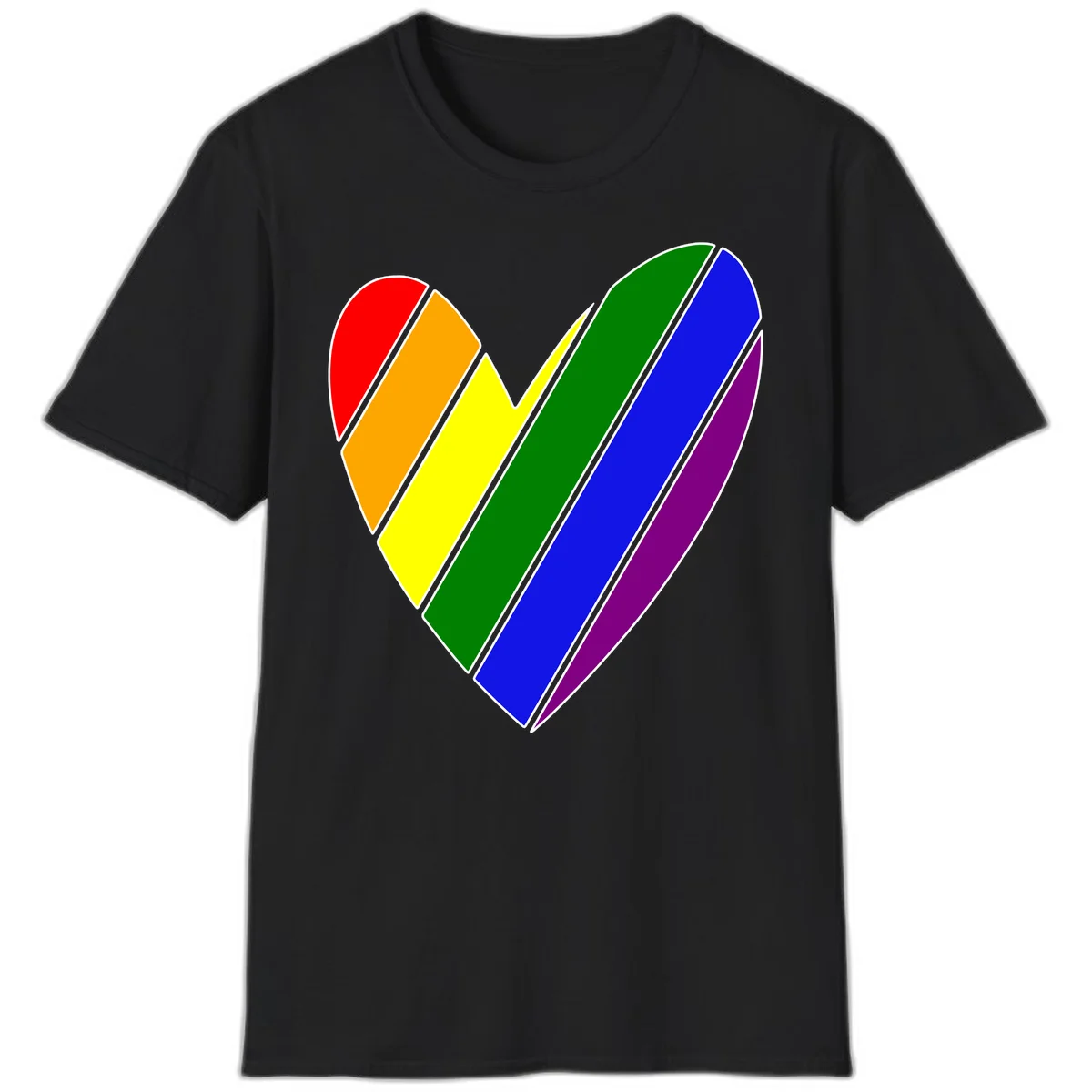Rainbow pride heart made of diagonal chevron stripes in red, orange, yellow, green, blue, and purple colors with white outlines in Black