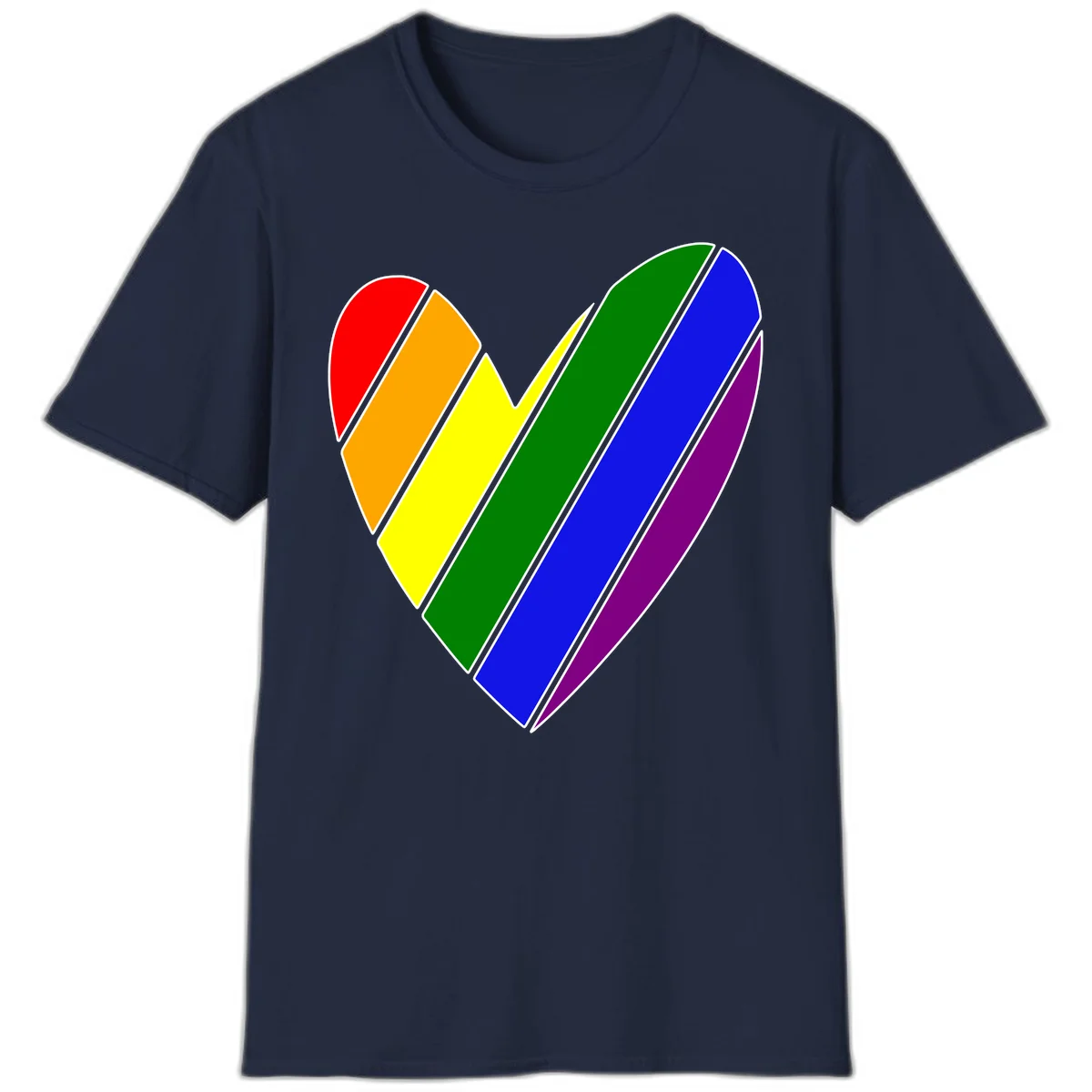 Rainbow pride heart made of diagonal chevron stripes in red, orange, yellow, green, blue, and purple colors with white outlines in Navy