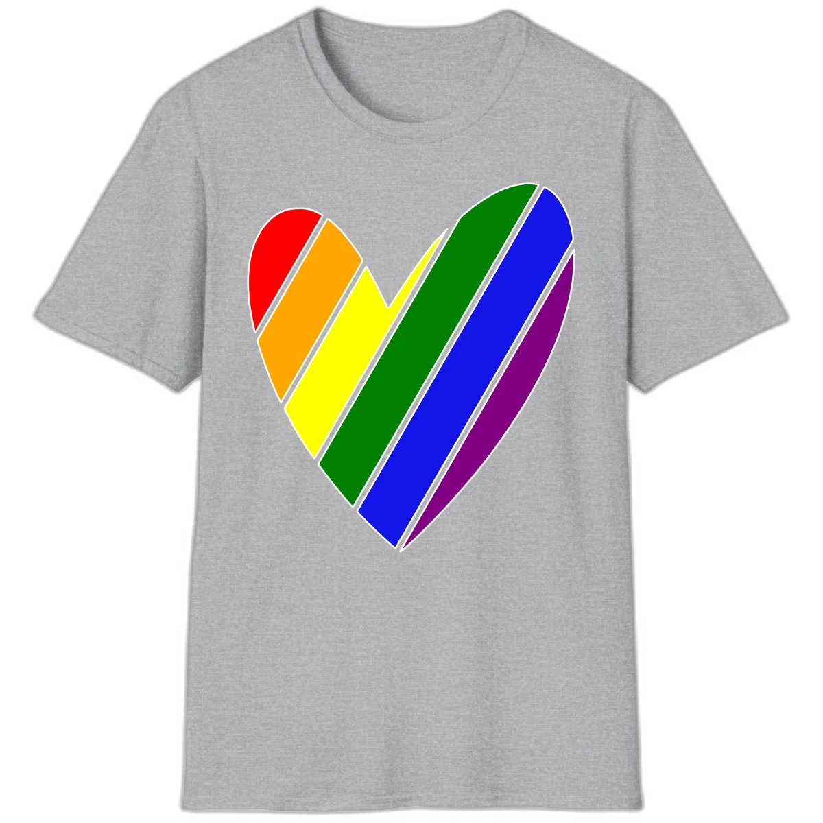 Rainbow pride heart made of diagonal chevron stripes in red, orange, yellow, green, blue, and purple colors with white outlines in Sport Grey