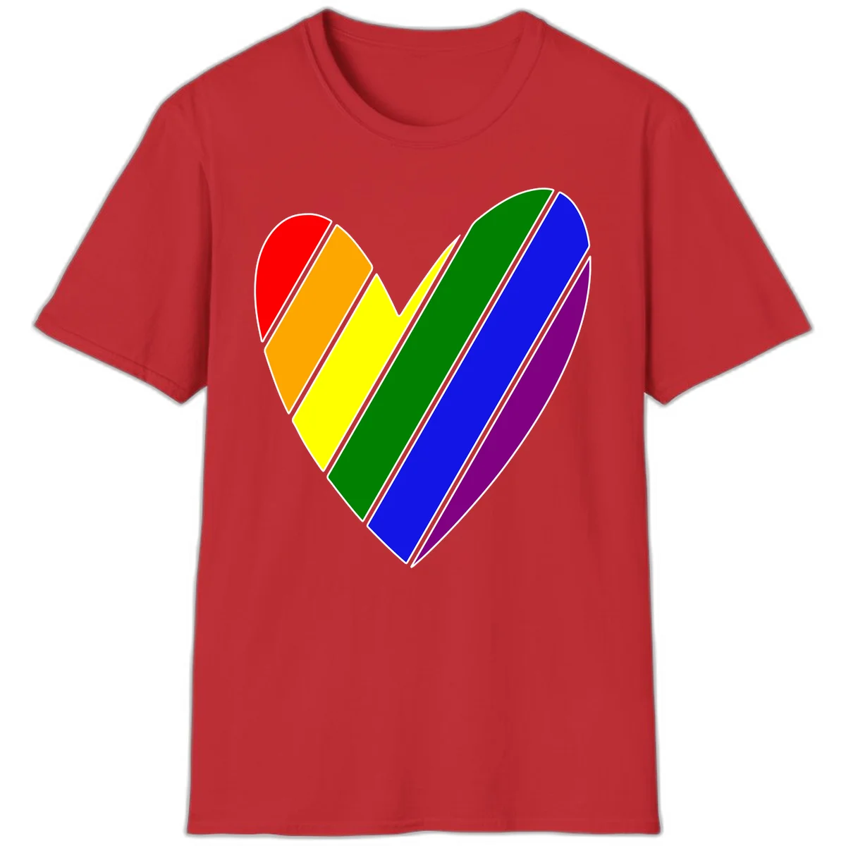 Rainbow pride heart made of diagonal chevron stripes in red, orange, yellow, green, blue, and purple colors with white outlines in Red