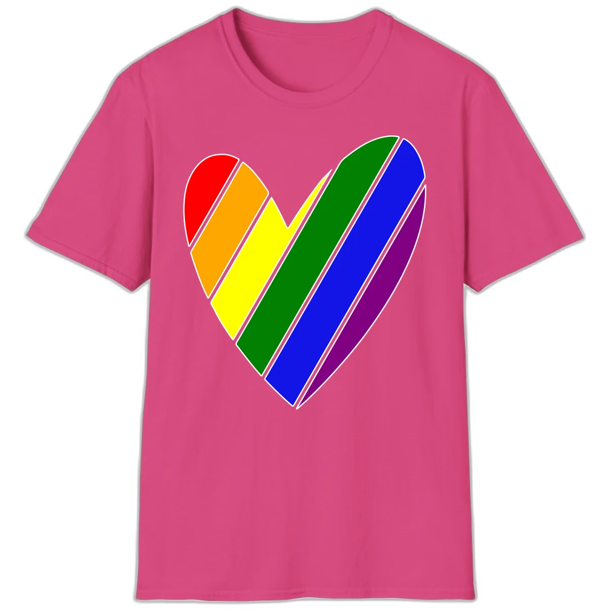 Rainbow pride heart made of diagonal chevron stripes in red, orange, yellow, green, blue, and purple colors with white outlines in Heliconia