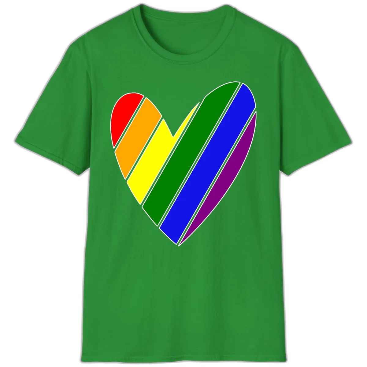 Rainbow pride heart made of diagonal chevron stripes in red, orange, yellow, green, blue, and purple colors with white outlines in Irish Green
