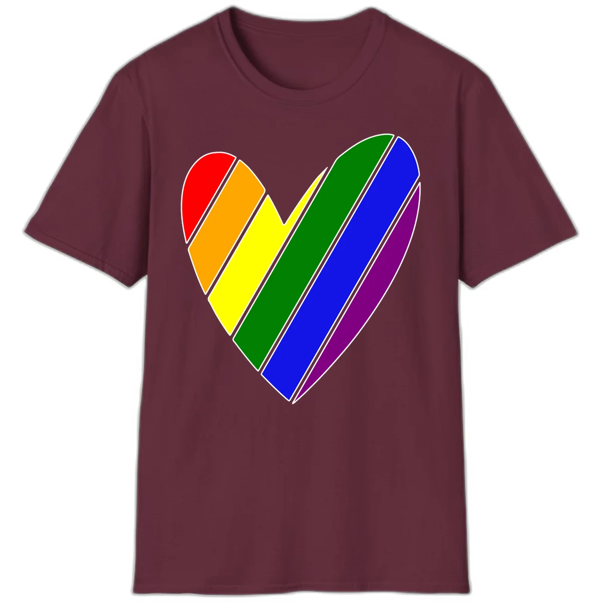 Rainbow pride heart made of diagonal chevron stripes in red, orange, yellow, green, blue, and purple colors with white outlines in Maroon
