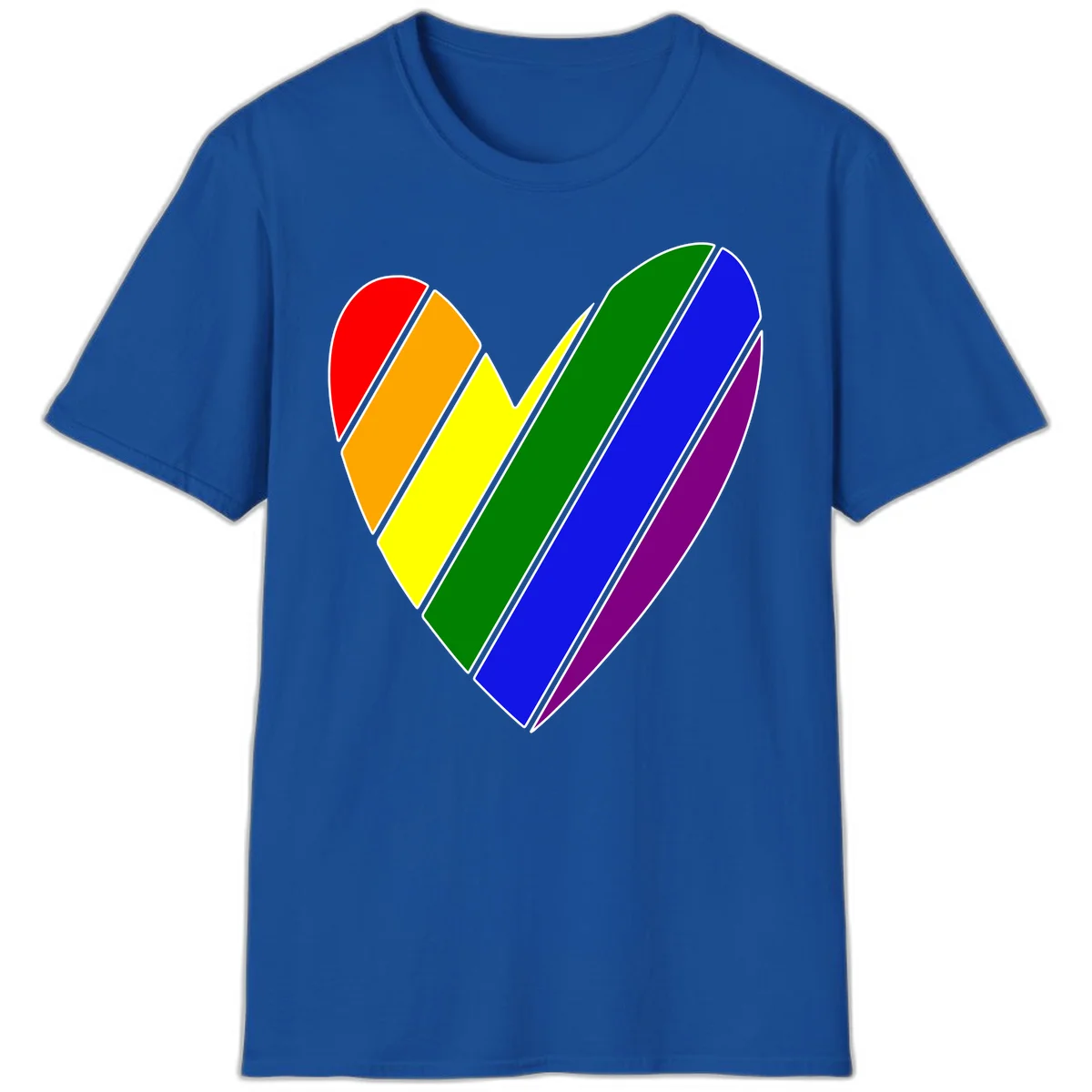 Rainbow pride heart made of diagonal chevron stripes in red, orange, yellow, green, blue, and purple colors with white outlines in Royal