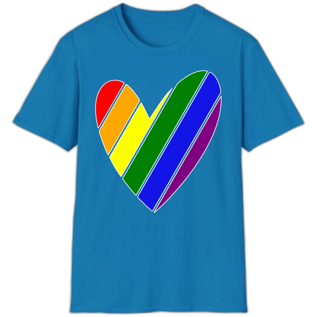 Rainbow pride heart made of diagonal chevron stripes in red, orange, yellow, green, blue, and purple colors with white outlines in Sapphire