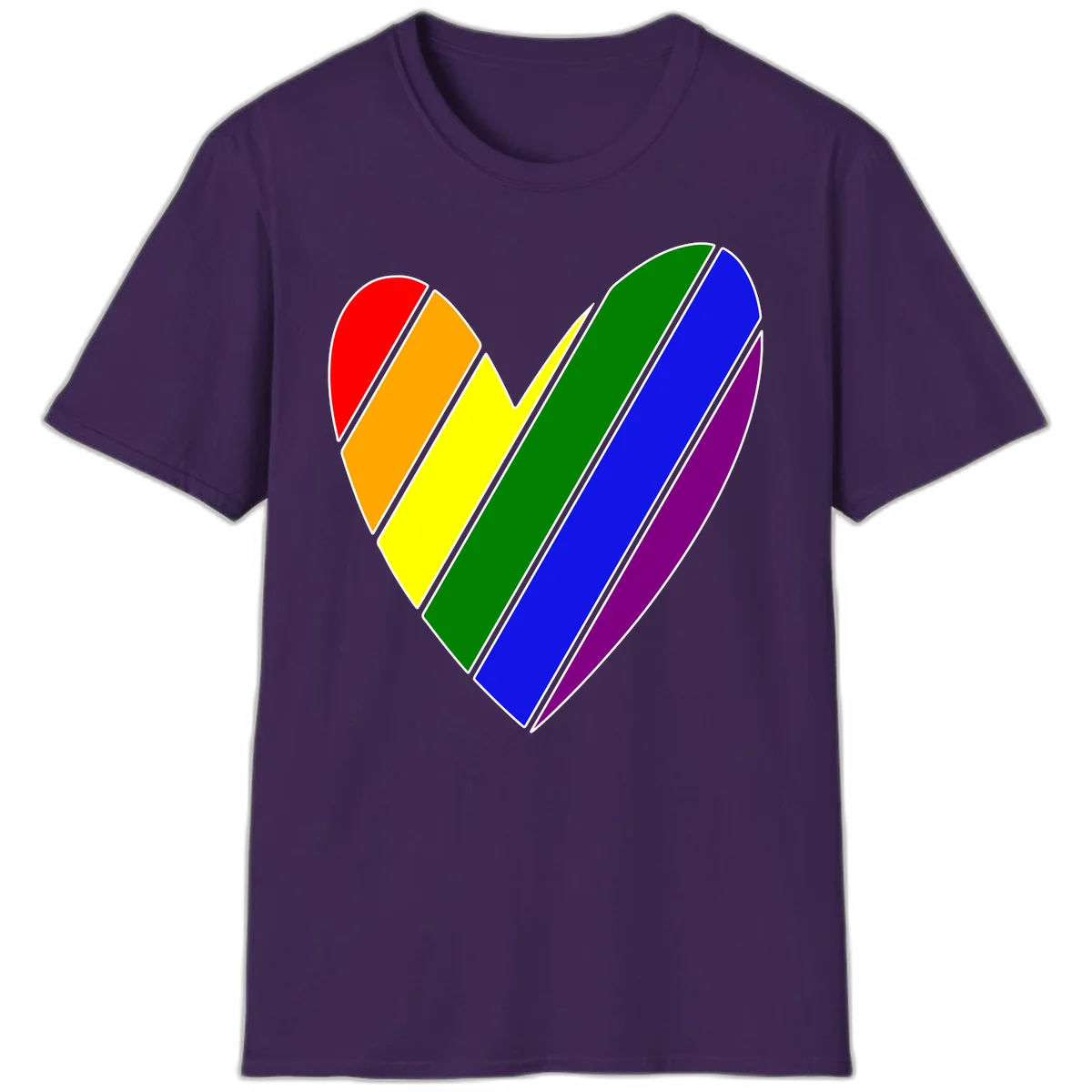 Rainbow pride heart made of diagonal chevron stripes in red, orange, yellow, green, blue, and purple colors with white outlines in Purple