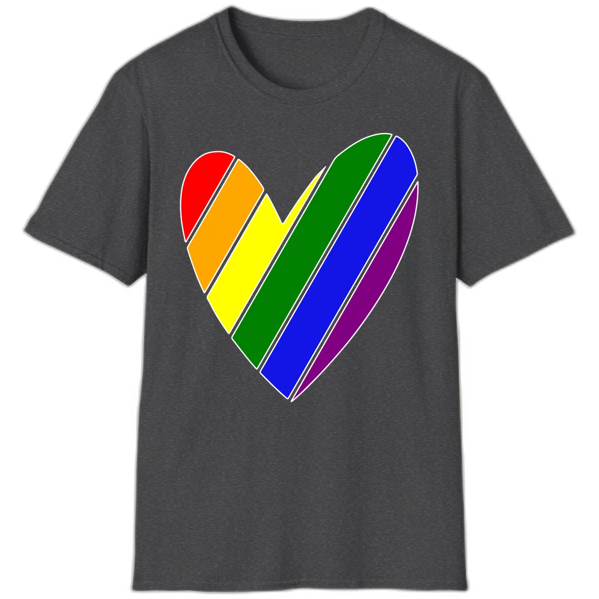 Rainbow pride heart made of diagonal chevron stripes in red, orange, yellow, green, blue, and purple colors with white outlines in Dark Heather