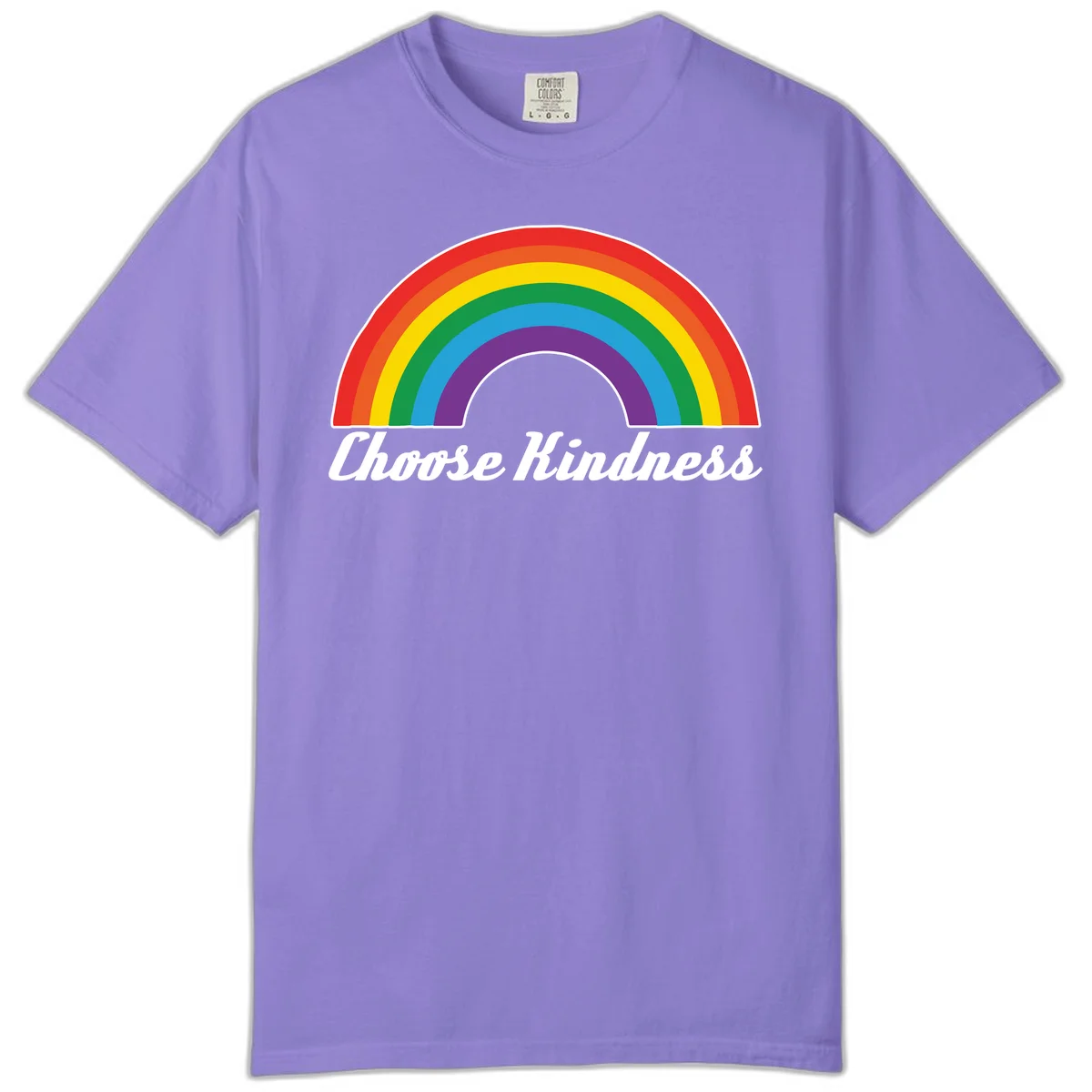 Colorful rainbow arc with 'Choose Kindness' text, promoting inclusivity and compassion in Violet