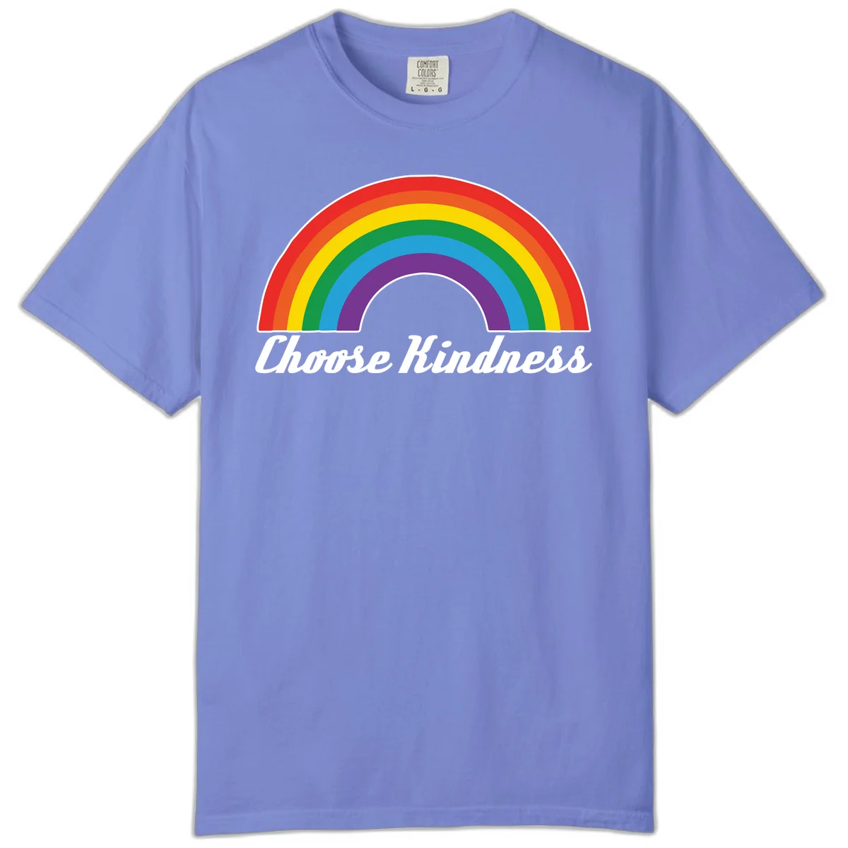 Colorful rainbow arc with 'Choose Kindness' text, promoting inclusivity and compassion in Flo Blue
