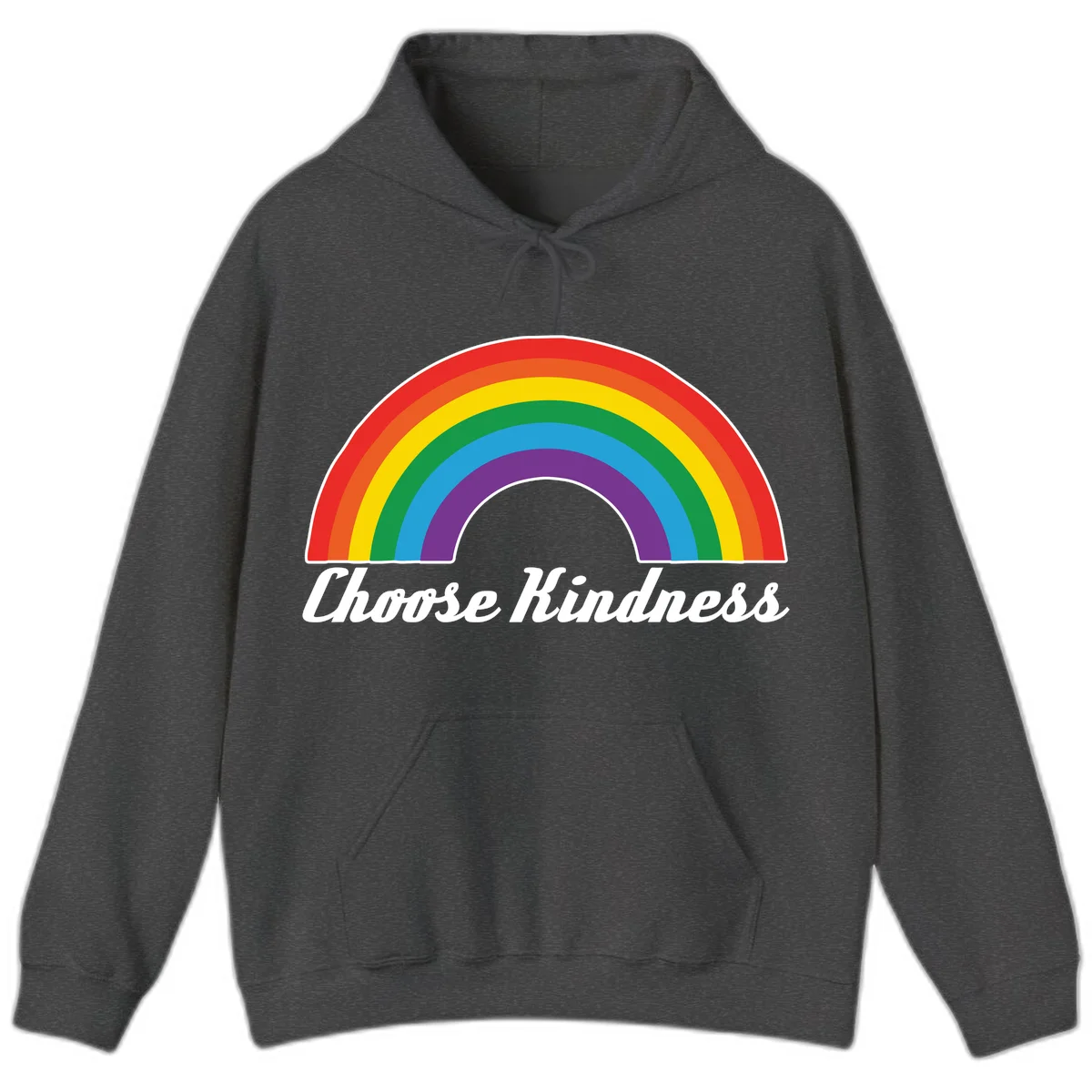 Colorful rainbow arc with 'Choose Kindness' text, promoting inclusivity and compassion in Dark Heather