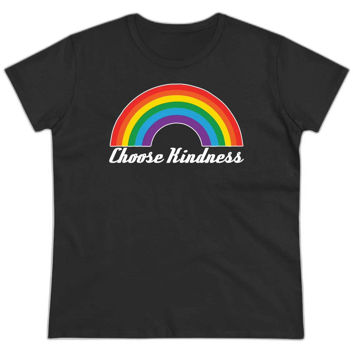 Colorful rainbow arc with 'Choose Kindness' text, promoting inclusivity and compassion in Black