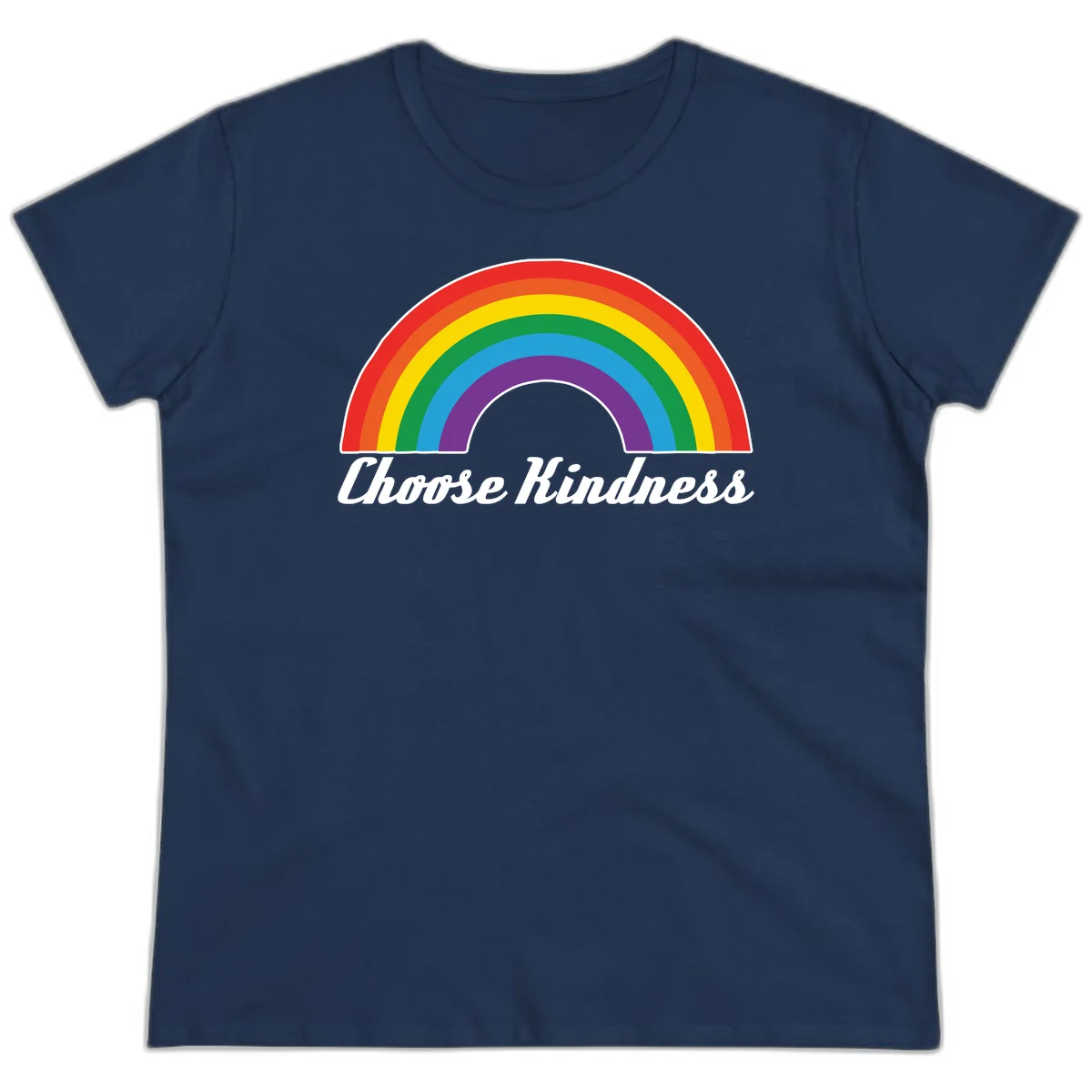 Colorful rainbow arc with 'Choose Kindness' text, promoting inclusivity and compassion in Navy
