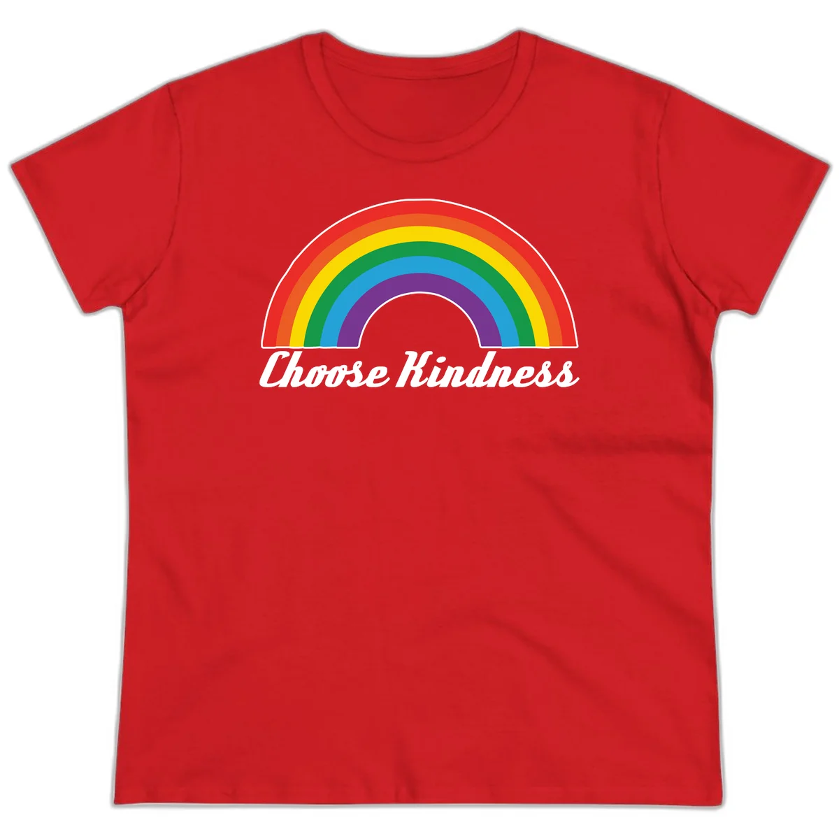 Colorful rainbow arc with 'Choose Kindness' text, promoting inclusivity and compassion in Red