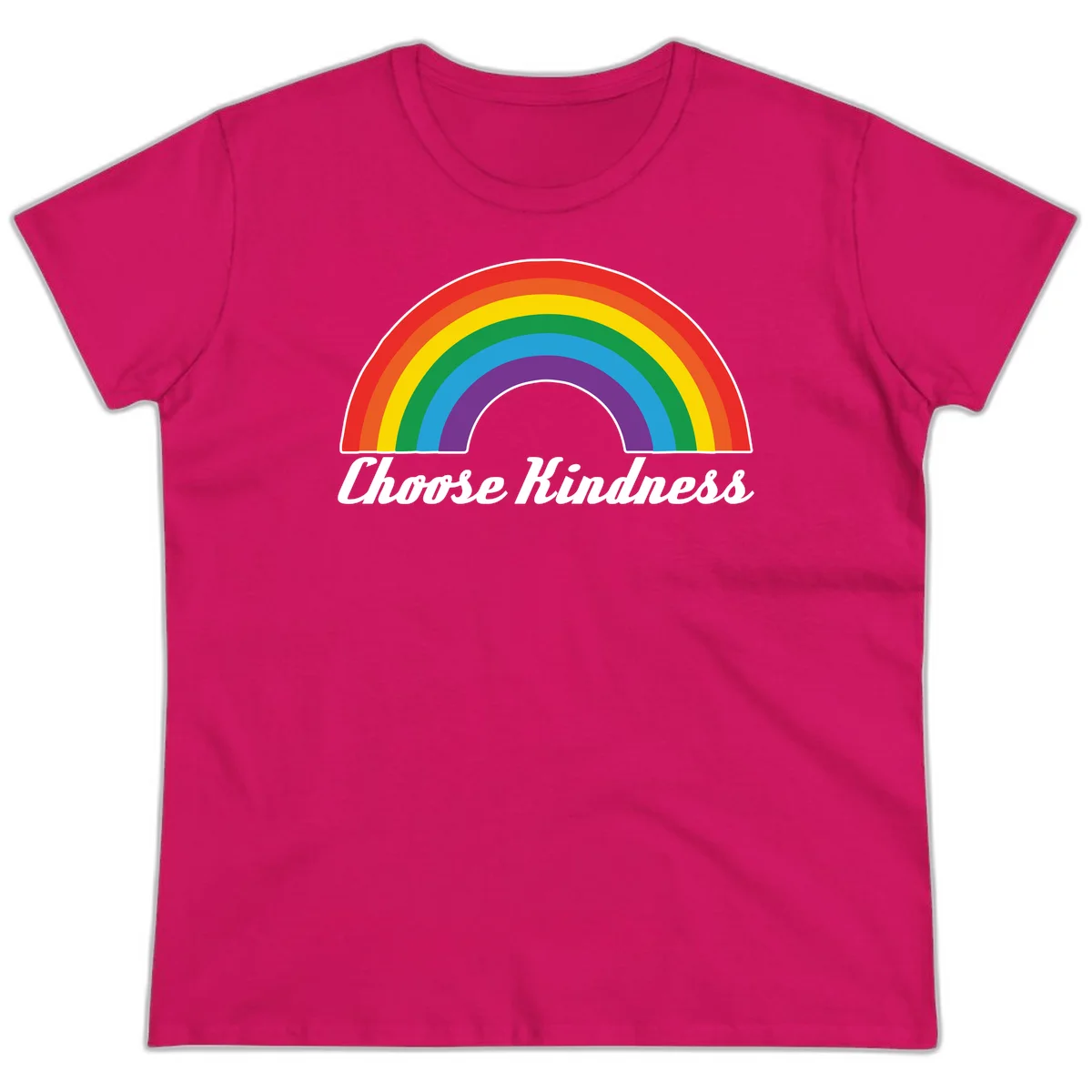 Colorful rainbow arc with 'Choose Kindness' text, promoting inclusivity and compassion in Heliconia