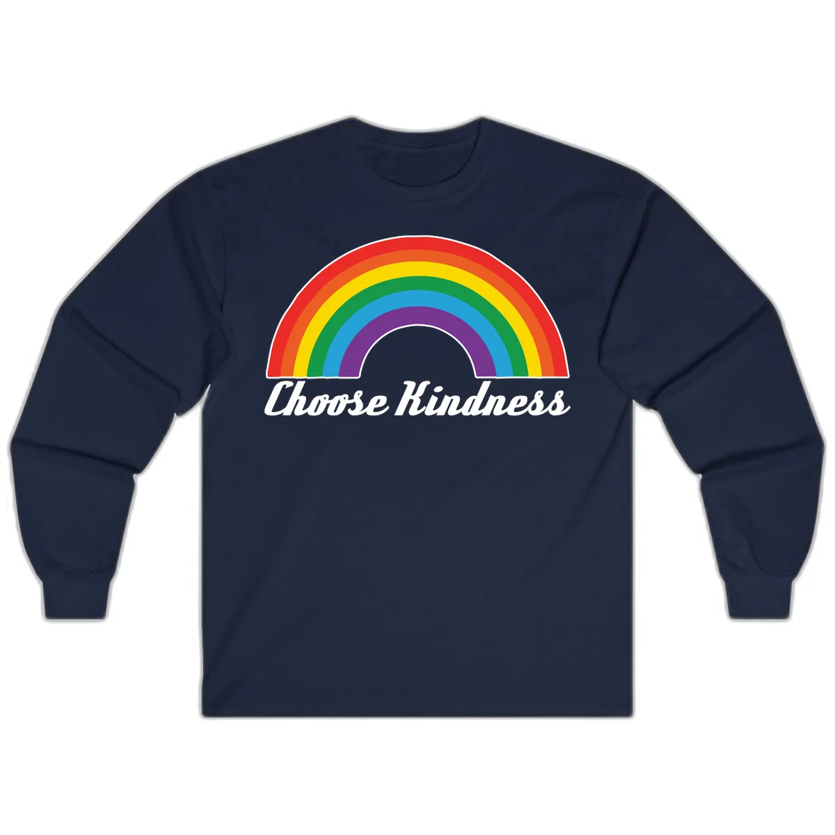 Colorful rainbow arc with 'Choose Kindness' text, promoting inclusivity and compassion in Navy