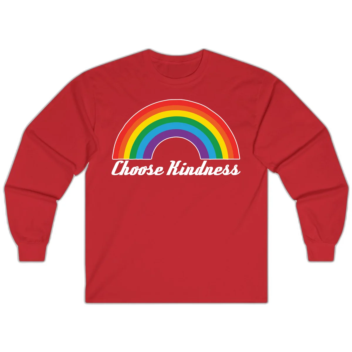 Colorful rainbow arc with 'Choose Kindness' text, promoting inclusivity and compassion in Red