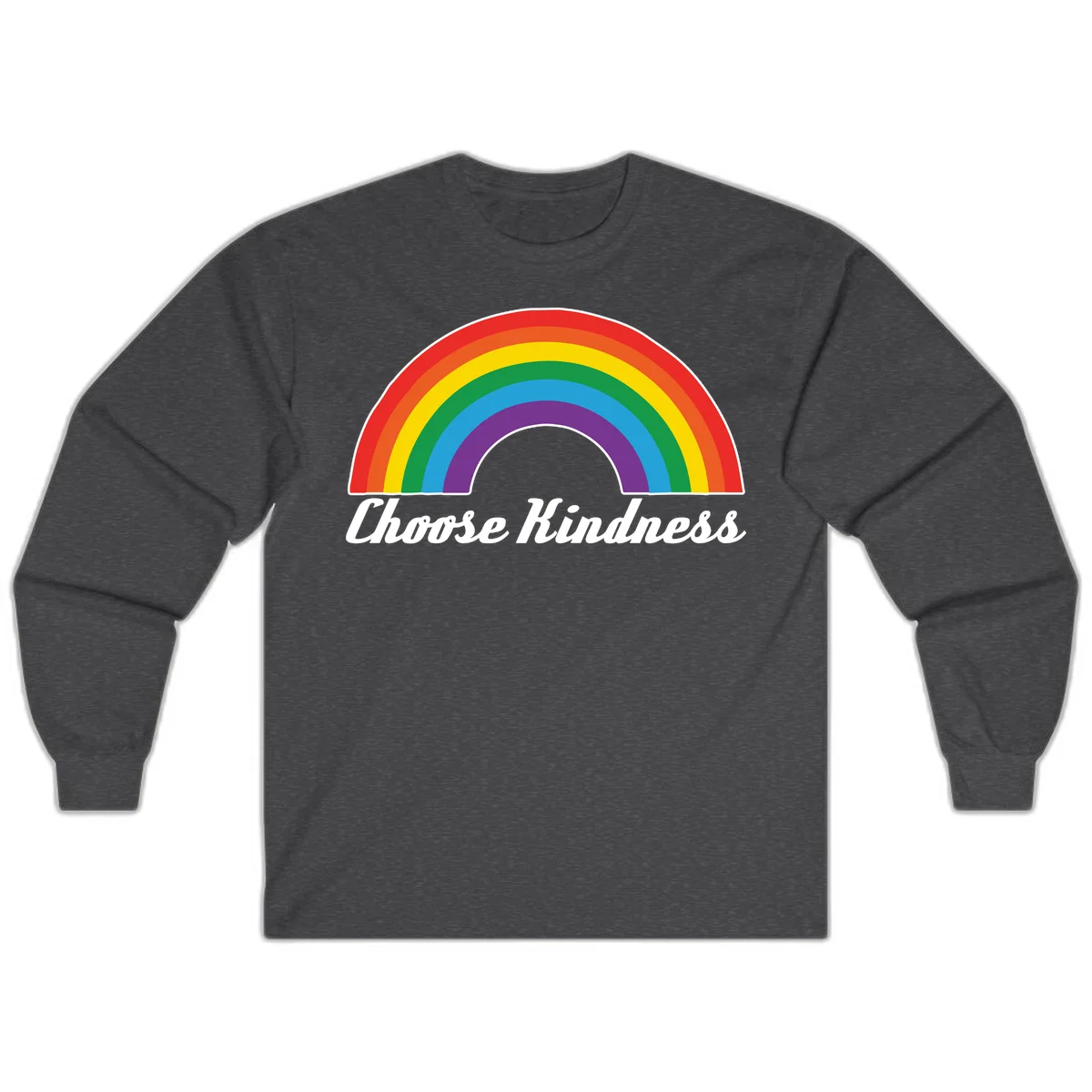 Colorful rainbow arc with 'Choose Kindness' text, promoting inclusivity and compassion in Dark Heather