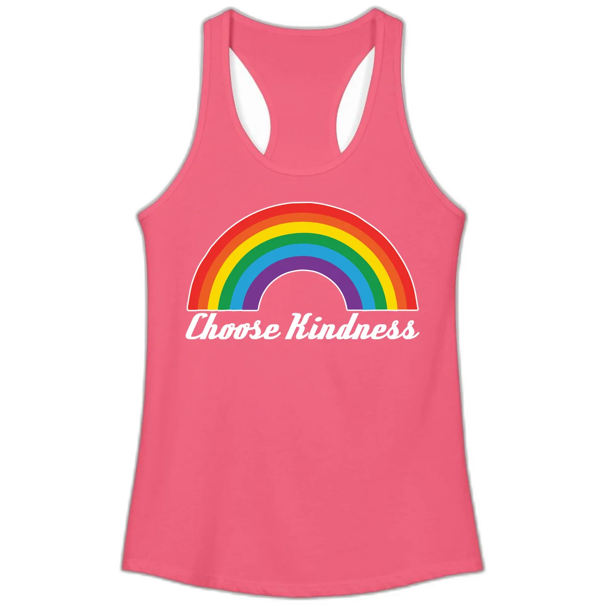 Colorful rainbow arc with 'Choose Kindness' text, promoting inclusivity and compassion in Hot Pink