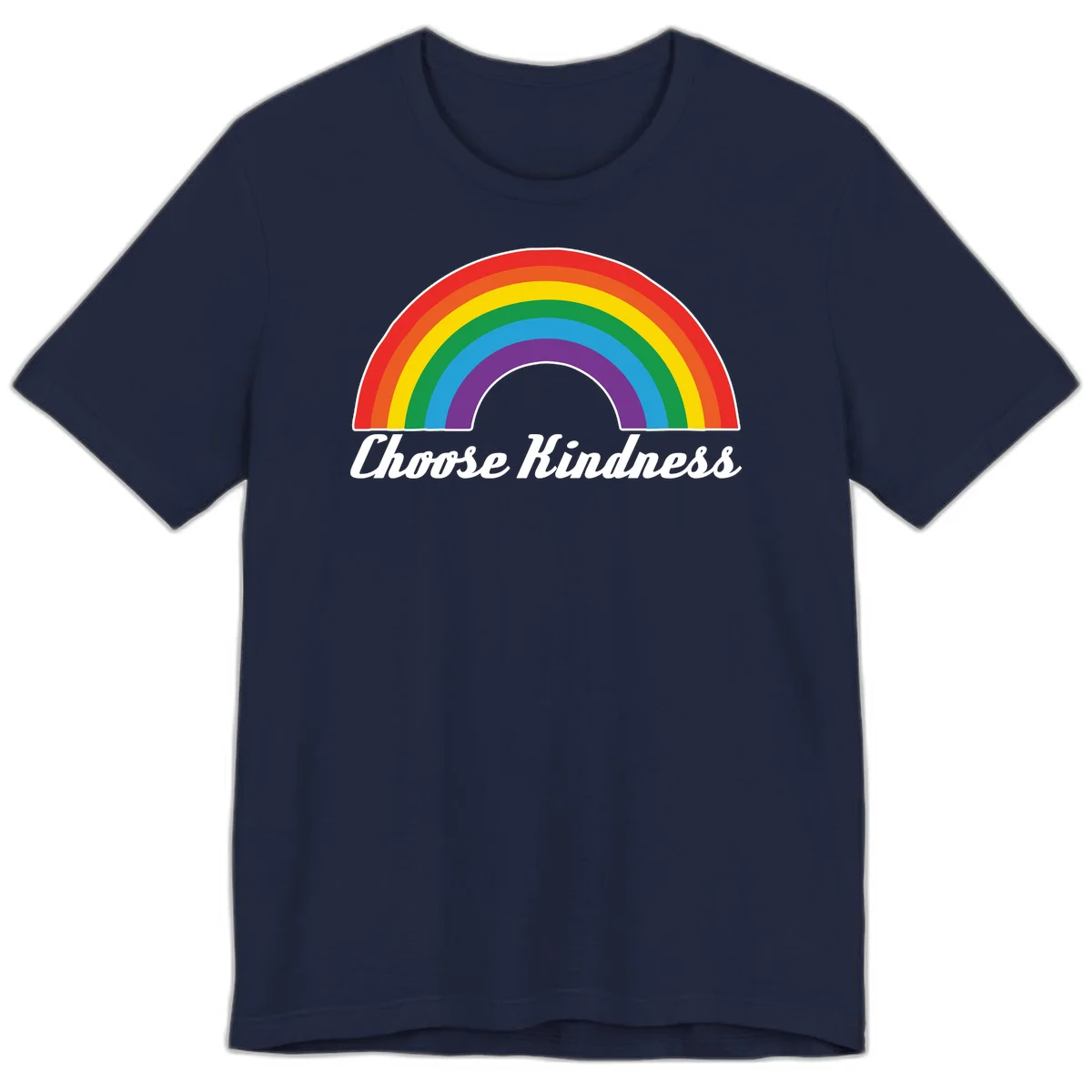 Colorful rainbow arc with 'Choose Kindness' text, promoting inclusivity and compassion in Navy