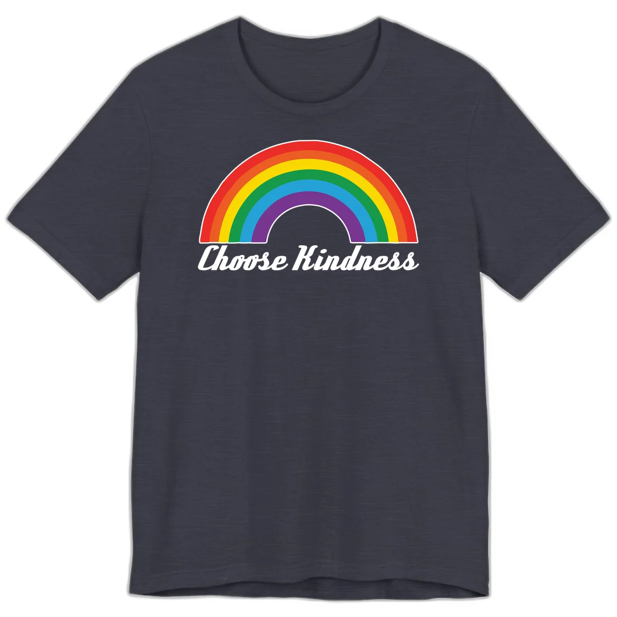 Colorful rainbow arc with 'Choose Kindness' text, promoting inclusivity and compassion in Heather Midnight Navy