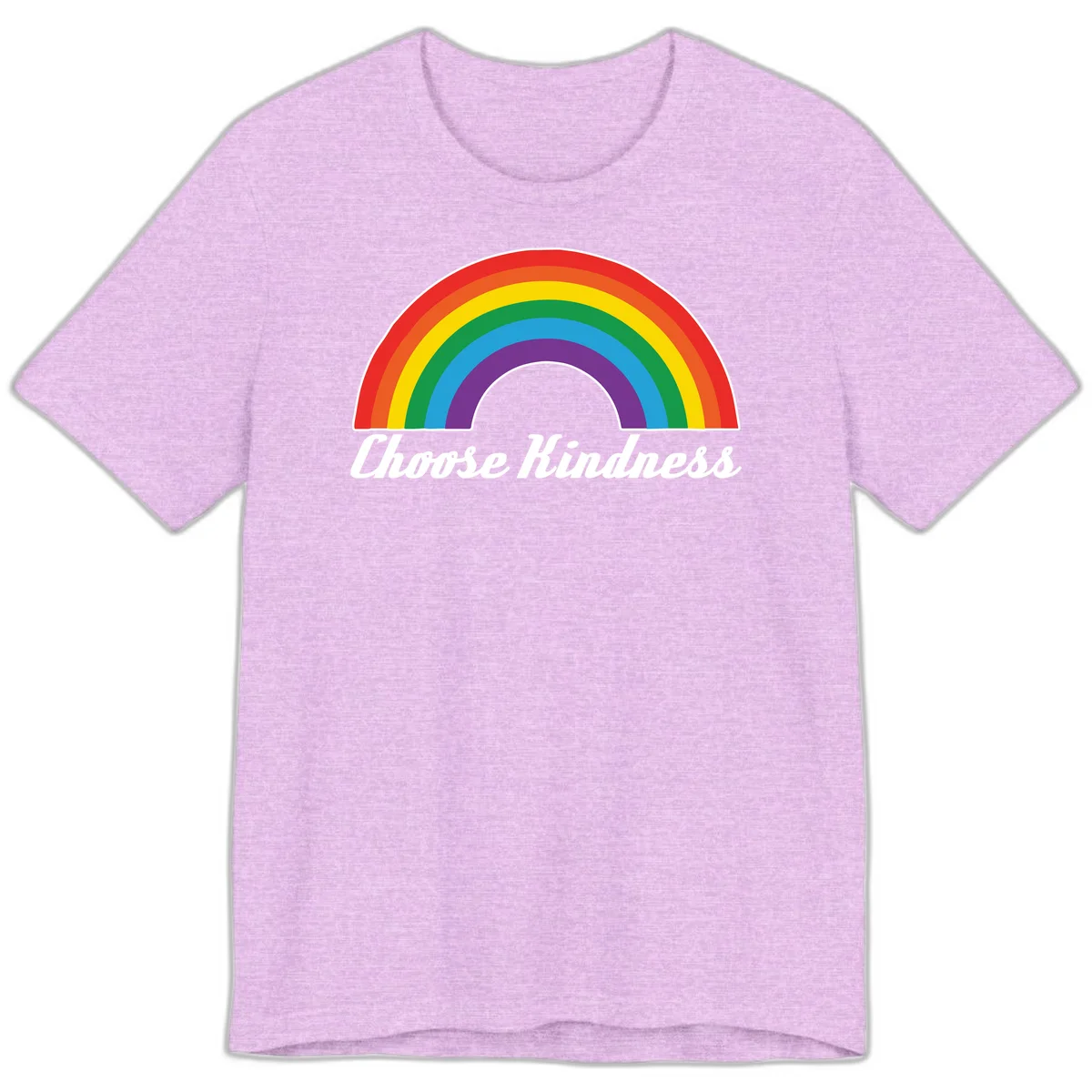 Colorful rainbow arc with 'Choose Kindness' text, promoting inclusivity and compassion in Heather Prism Lilac