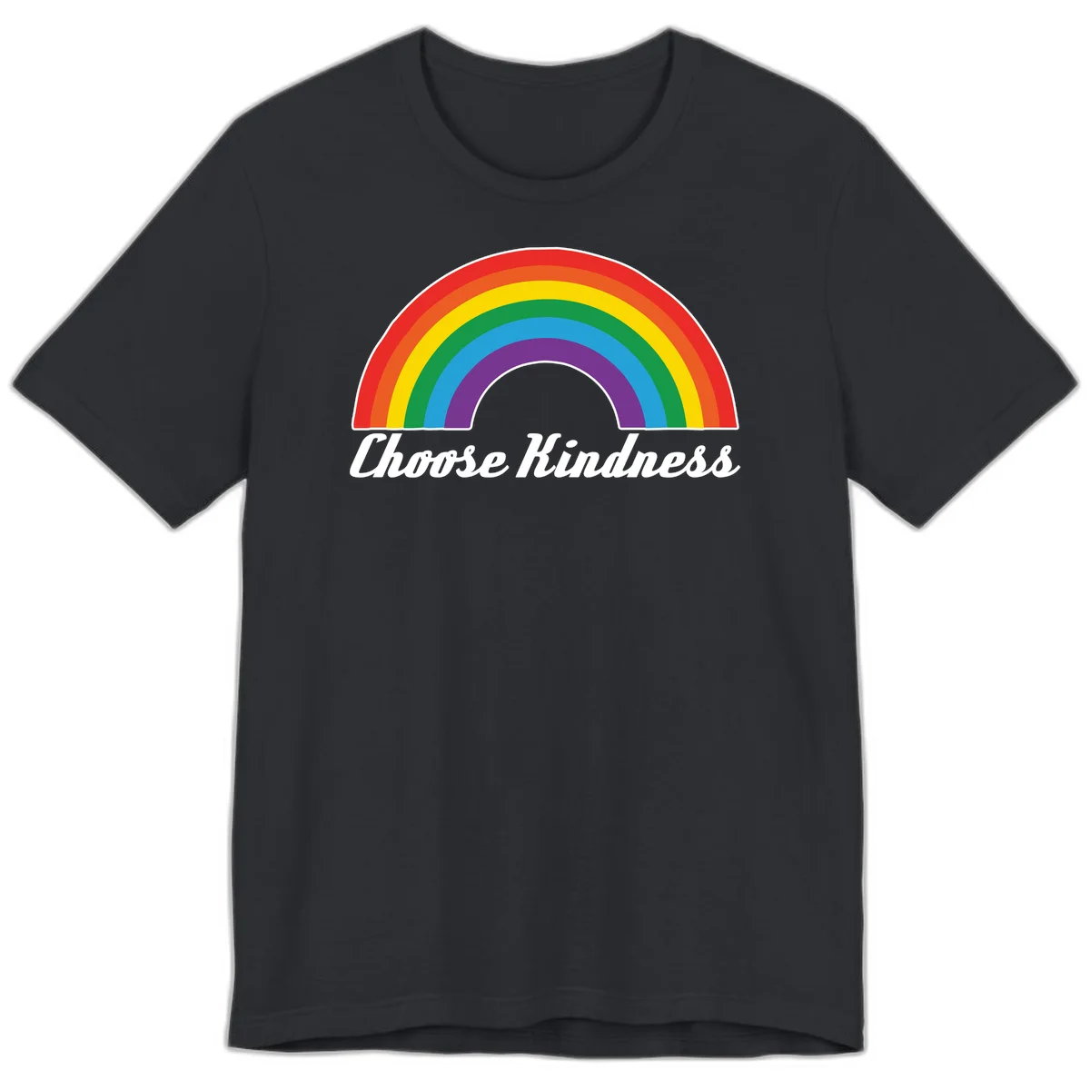 Colorful rainbow arc with 'Choose Kindness' text, promoting inclusivity and compassion in Vintage Black