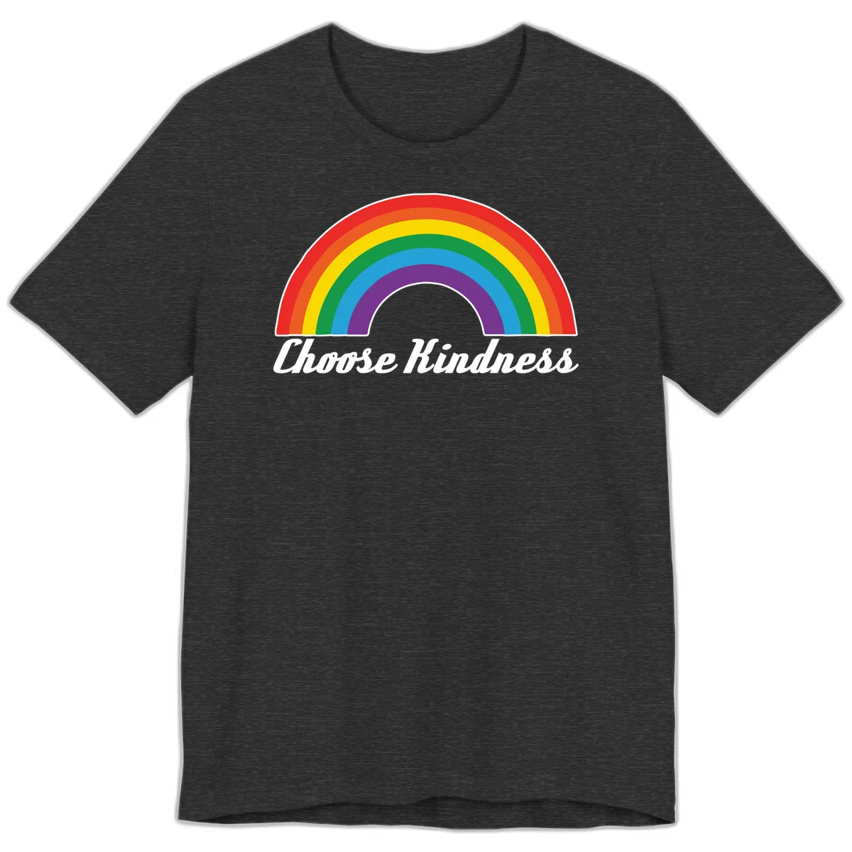 Colorful rainbow arc with 'Choose Kindness' text, promoting inclusivity and compassion in Dark Grey Heather