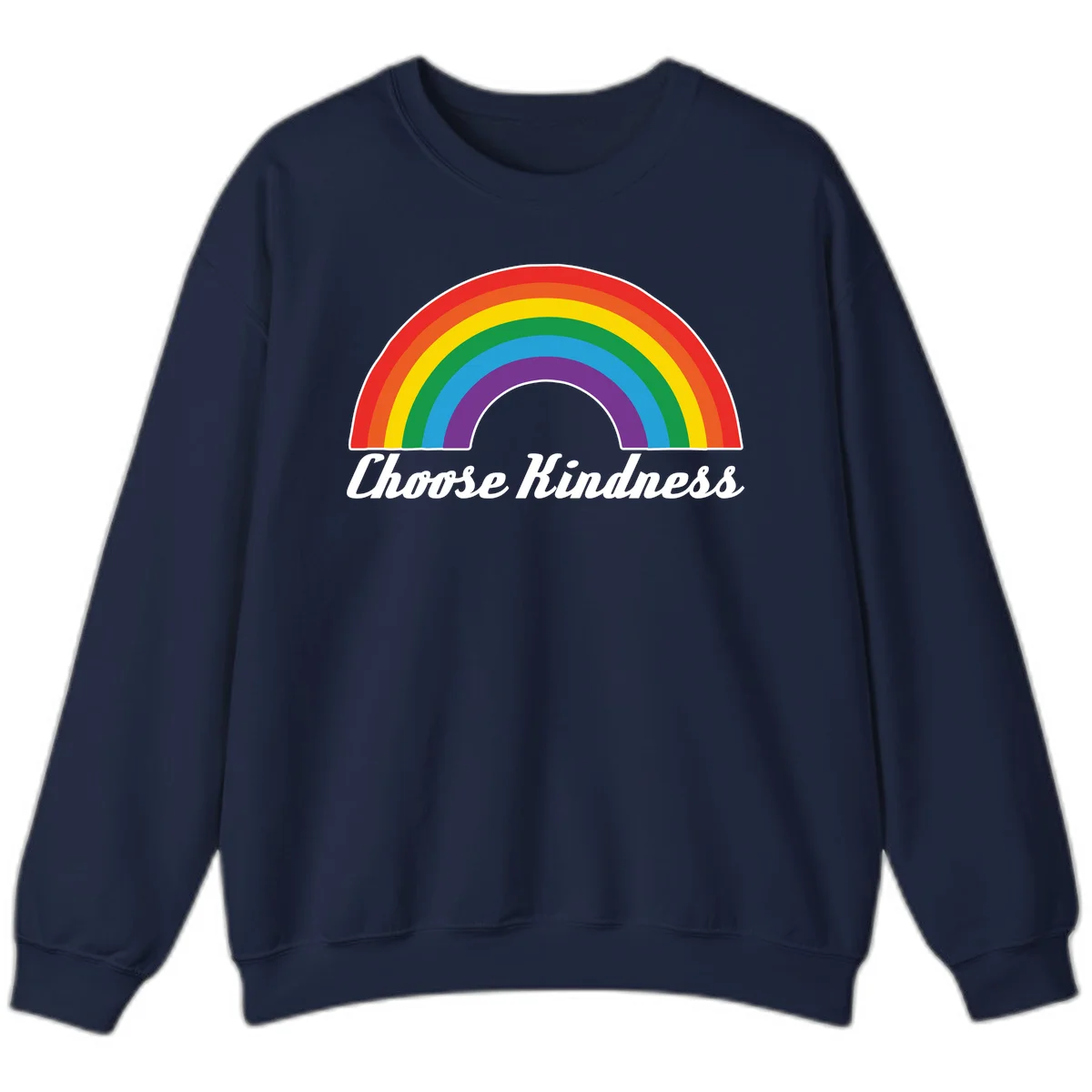 Colorful rainbow arc with 'Choose Kindness' text, promoting inclusivity and compassion in Navy